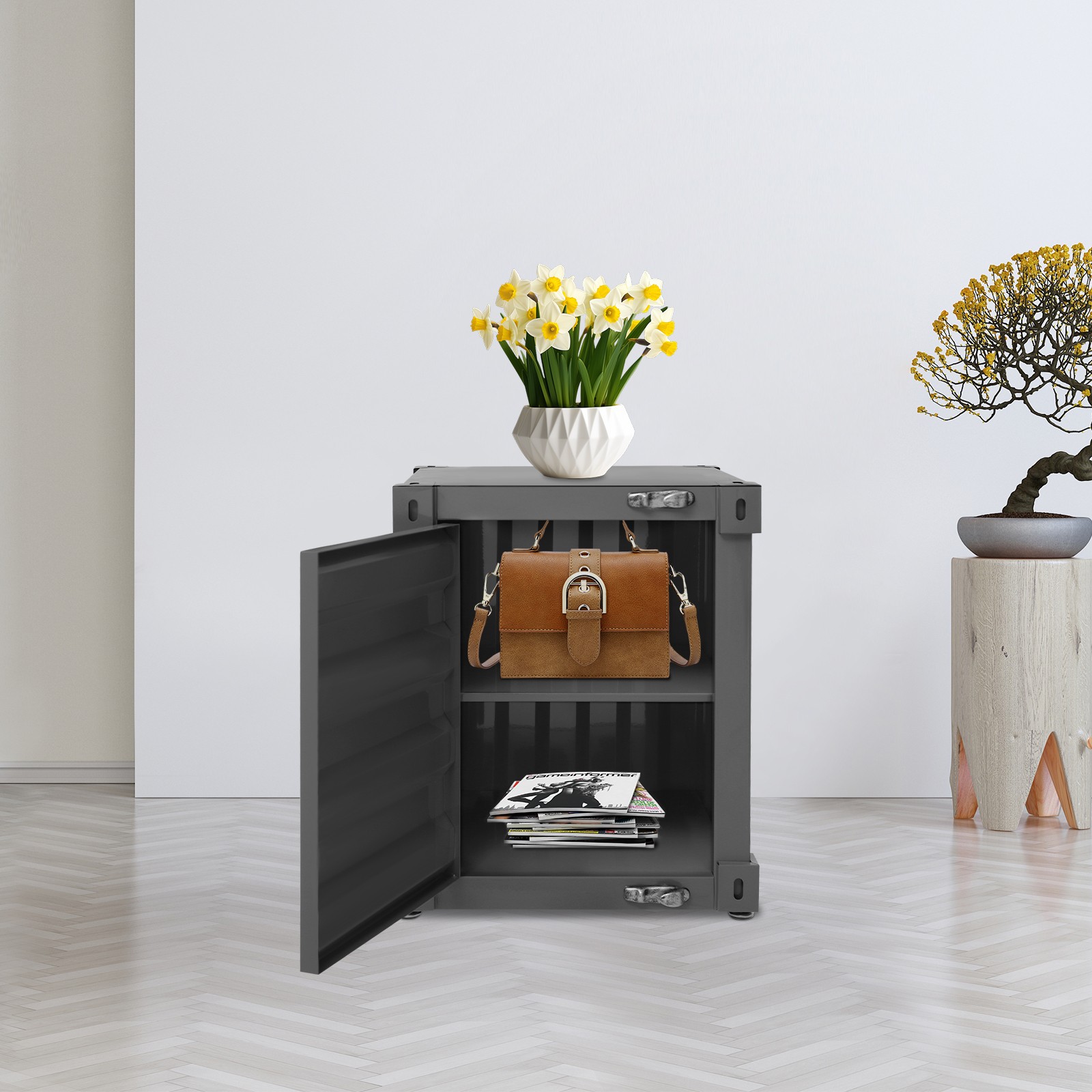 15.7*15.7*19.7in Iron Black& Silver Container Cabinet Rectangle Bedside Table