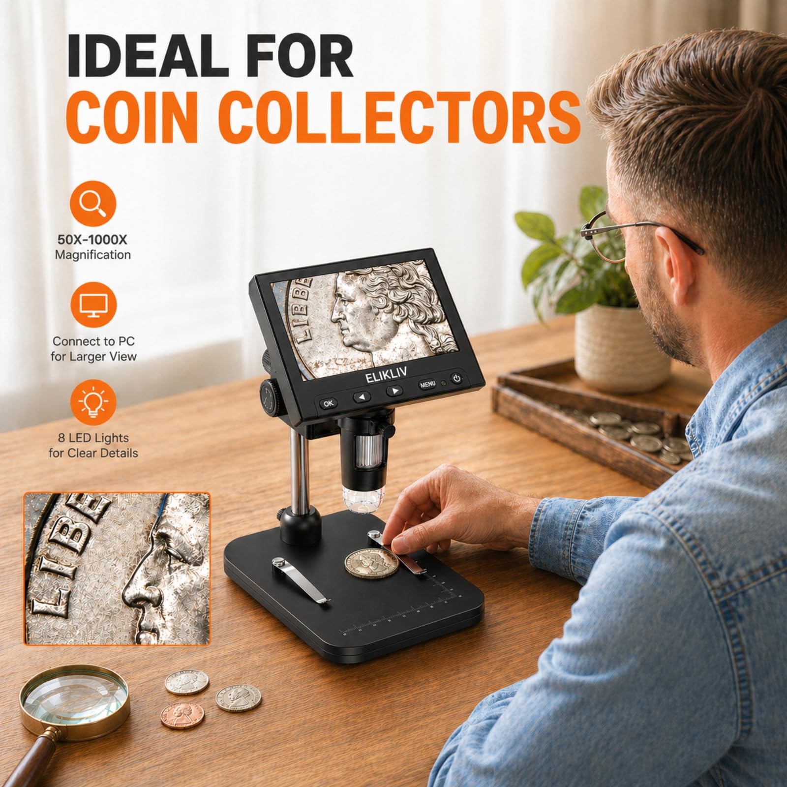 Elikliv Coin Microscope, 4.3'' LCD Digital Microscope 1000x, Black