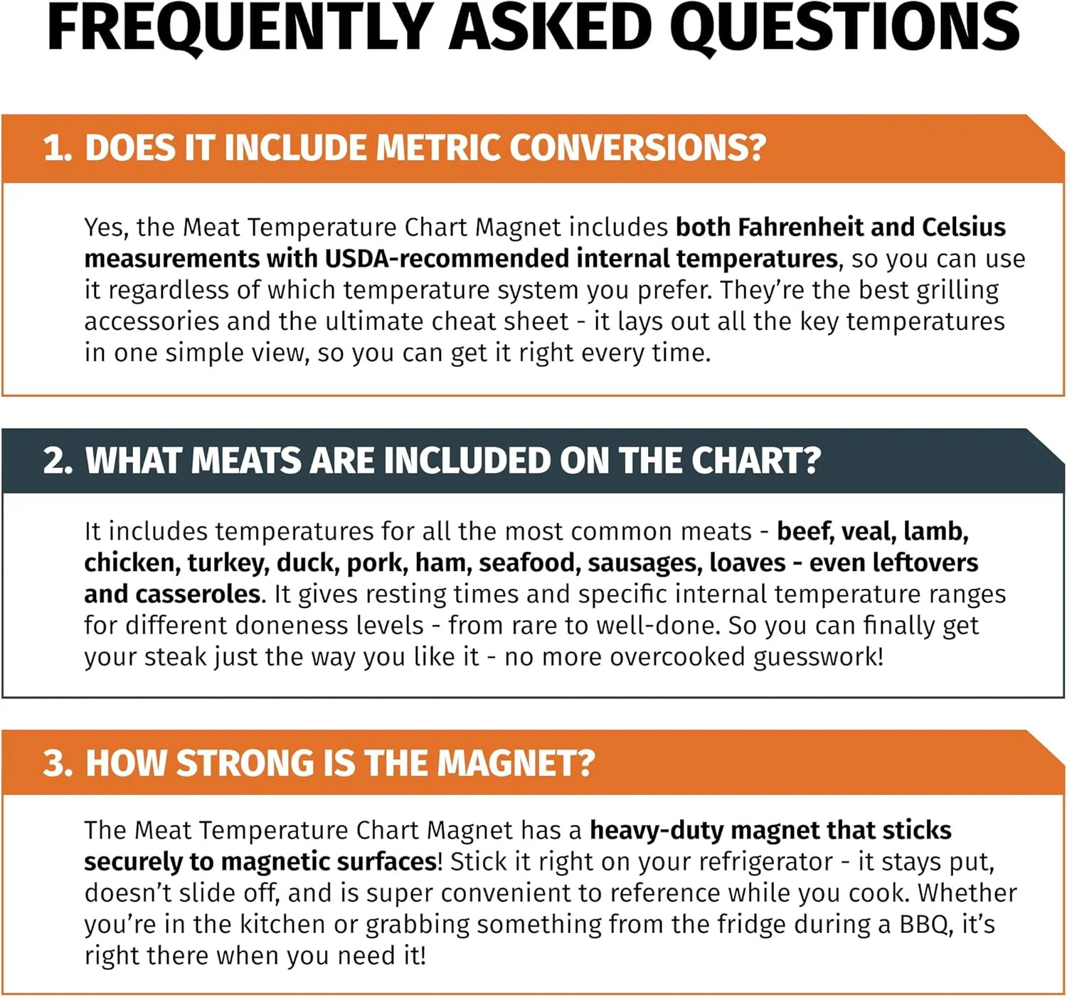 Meat Temperature Chart Magnet - Grilling Accessories - Chicken, Turkey, Beef, St