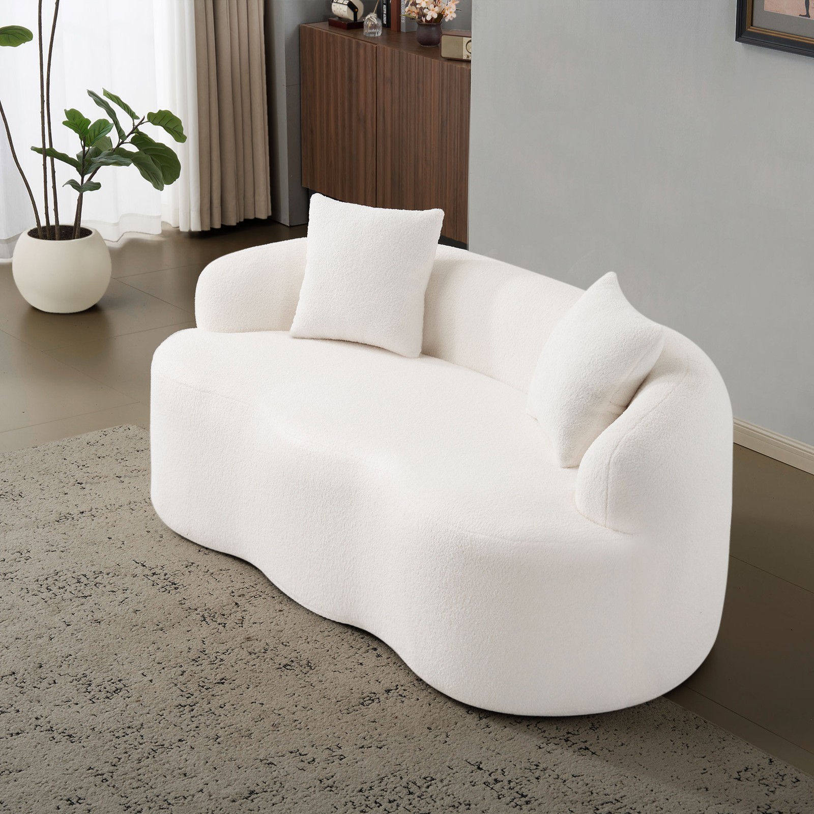 White Curved Loveseat Sofa with Round Armrest, Compression Couch with 2 Pillows,