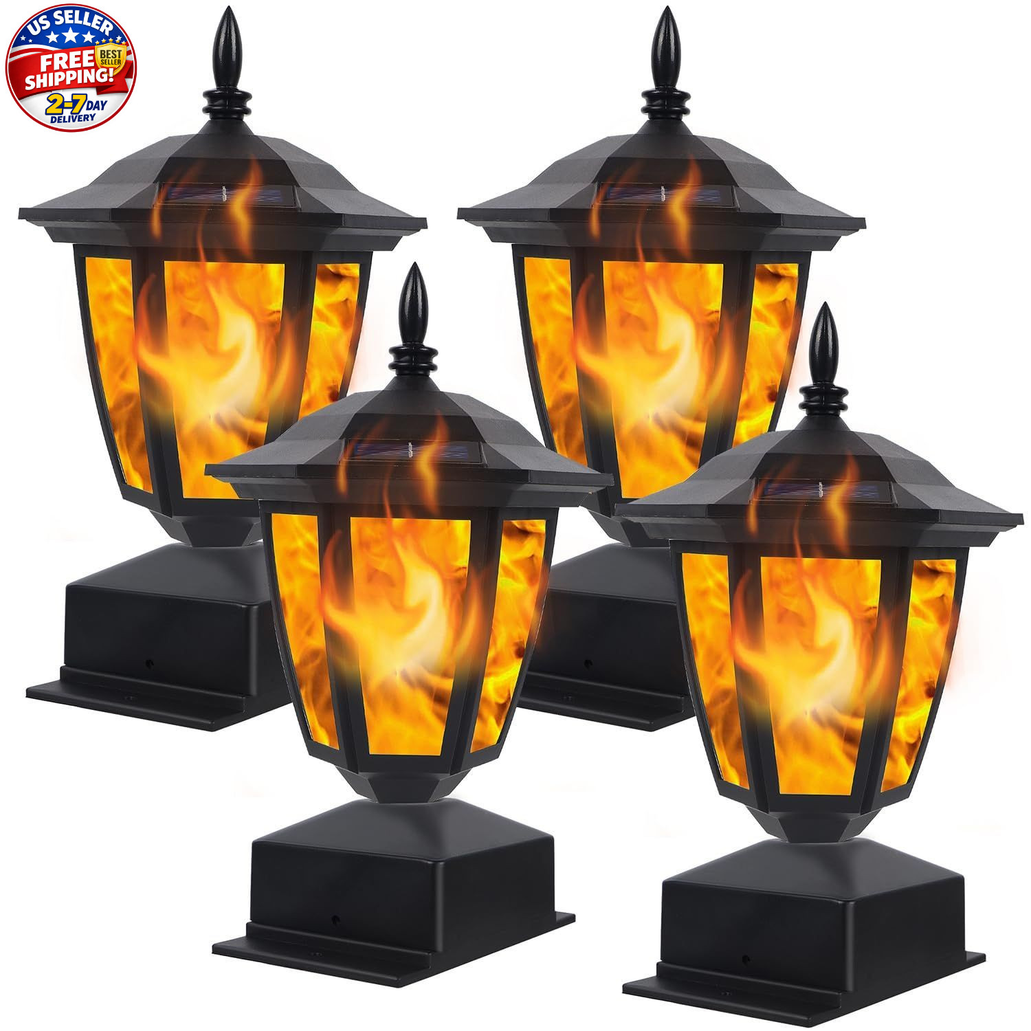 Solar Flame Post Lights Outdoor, Solar Powered Lamps Fence Post Cap Lights, Flic