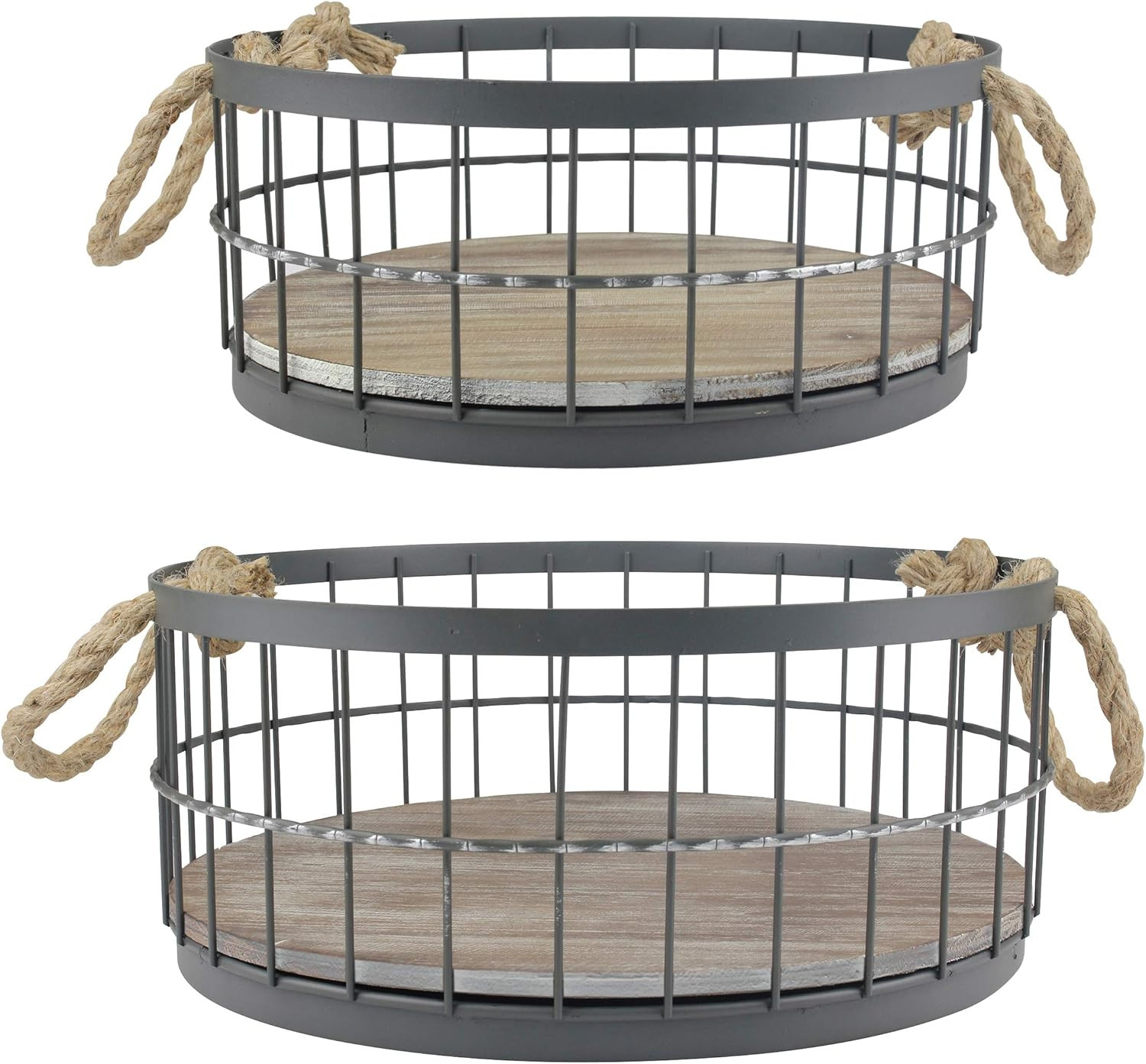 2Pc round Stackable Metal Wire and Wood Basket Set with Rope Handles, Rustic Dec