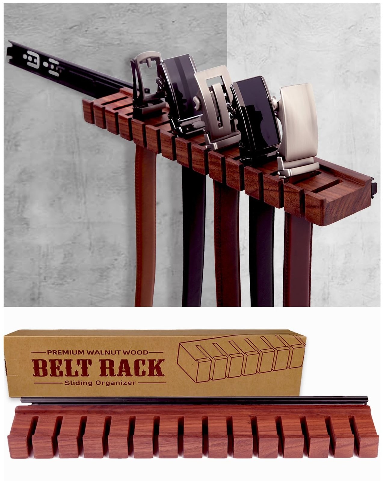 14 Belts Walnut Wood Belt Holder with Slide | Left or Right Slide Flexible In...