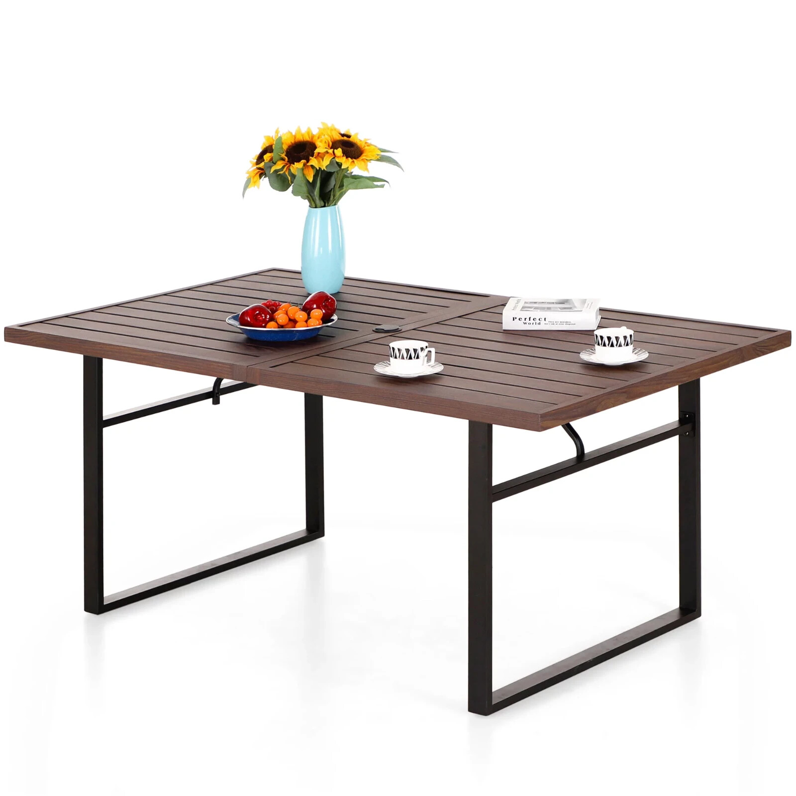 Outdoor Metal Dining Table Rectangle Patio Wood Grain Tabletop  w/ Umbrella Hole