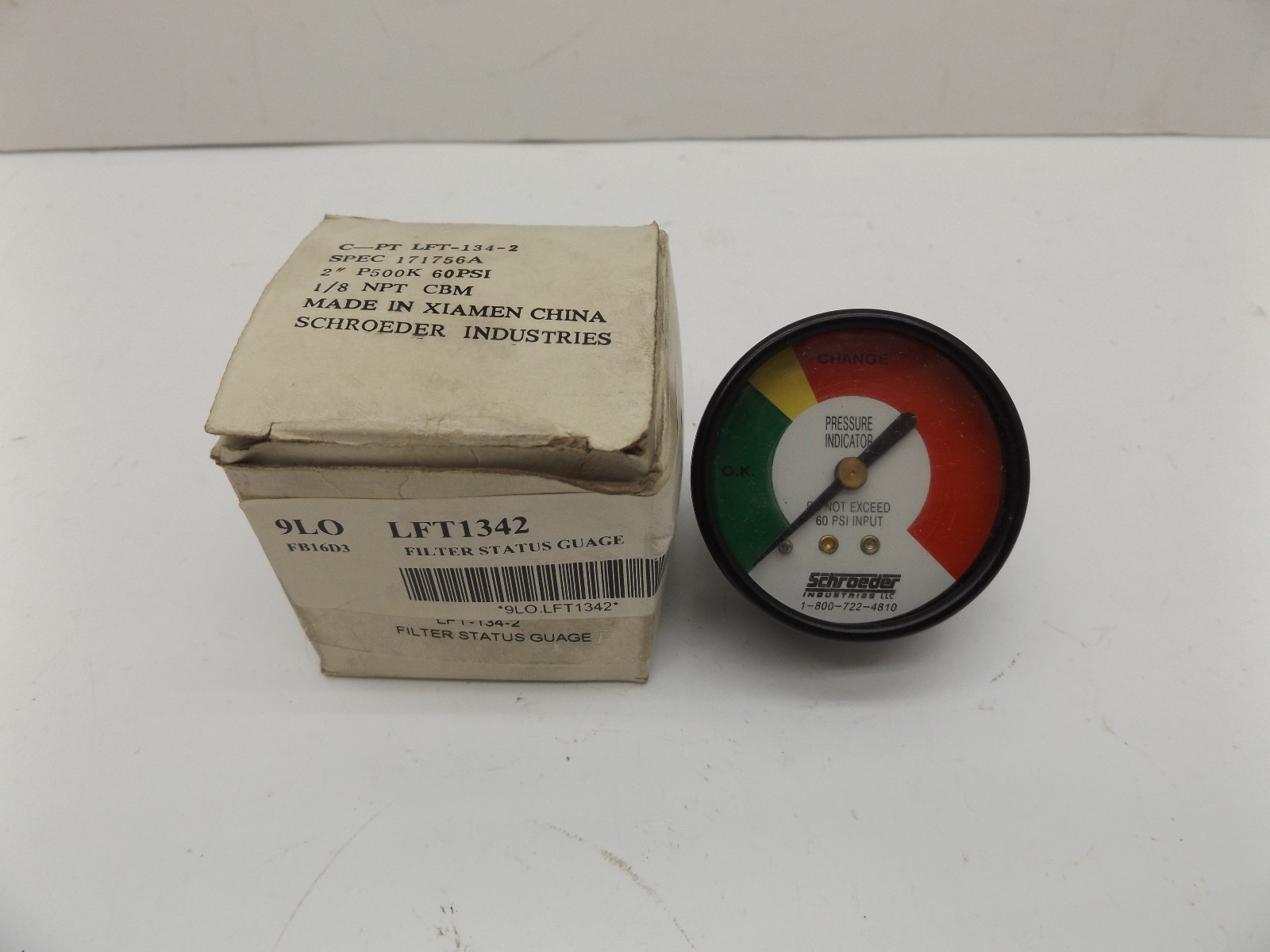 SCHROEDER PRESSURE INDICATOR 60PSI LFT-134-2 1/8" NPT BACKMOUNT