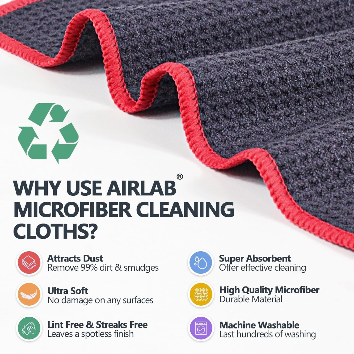 Absorbent Microfiber Cleaning Cloths - Quick Drying, 12x12, 6 Pack