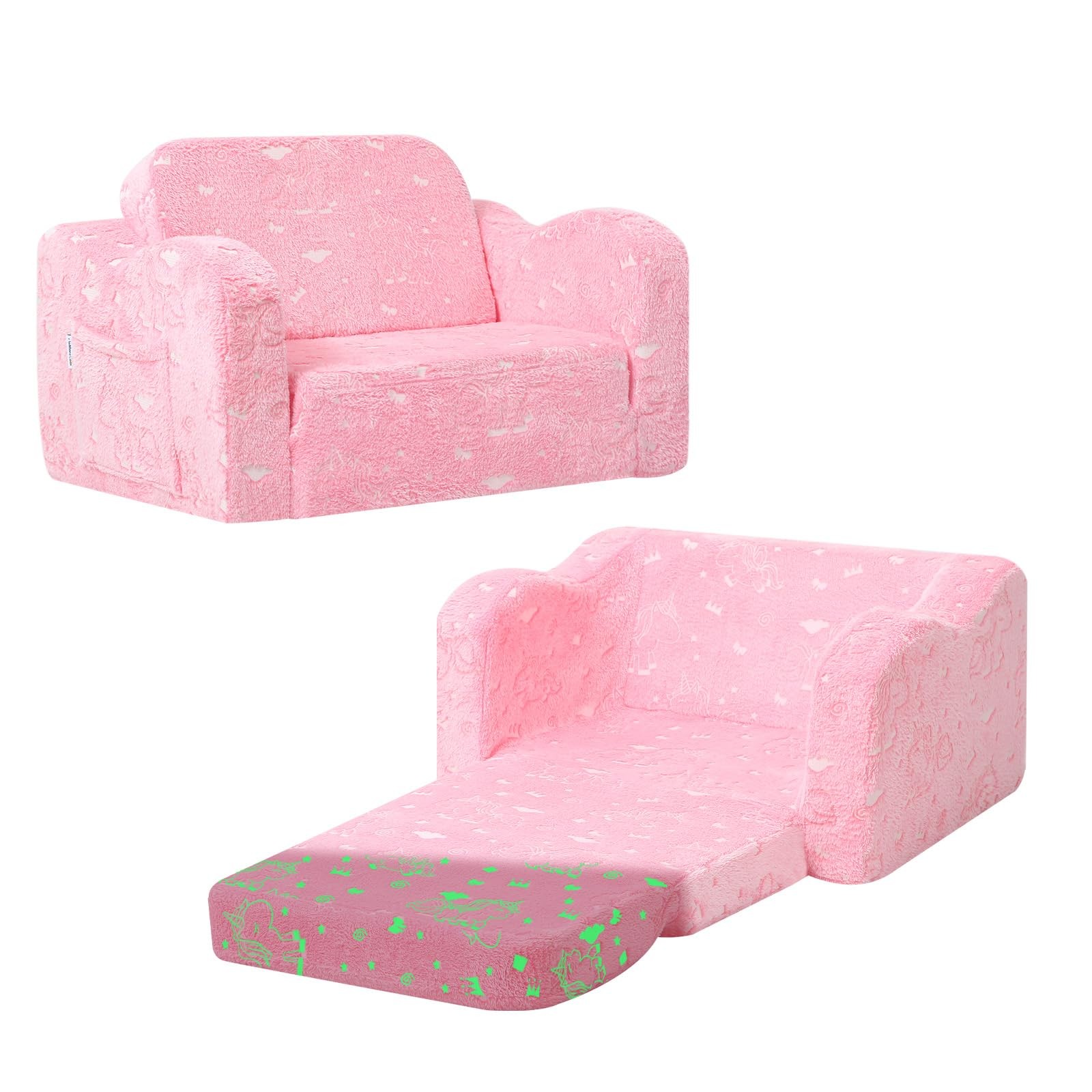 Glow in The Dark Unicorn Kids Couch Sofa – Soft Plush Folding Toddler Chair and