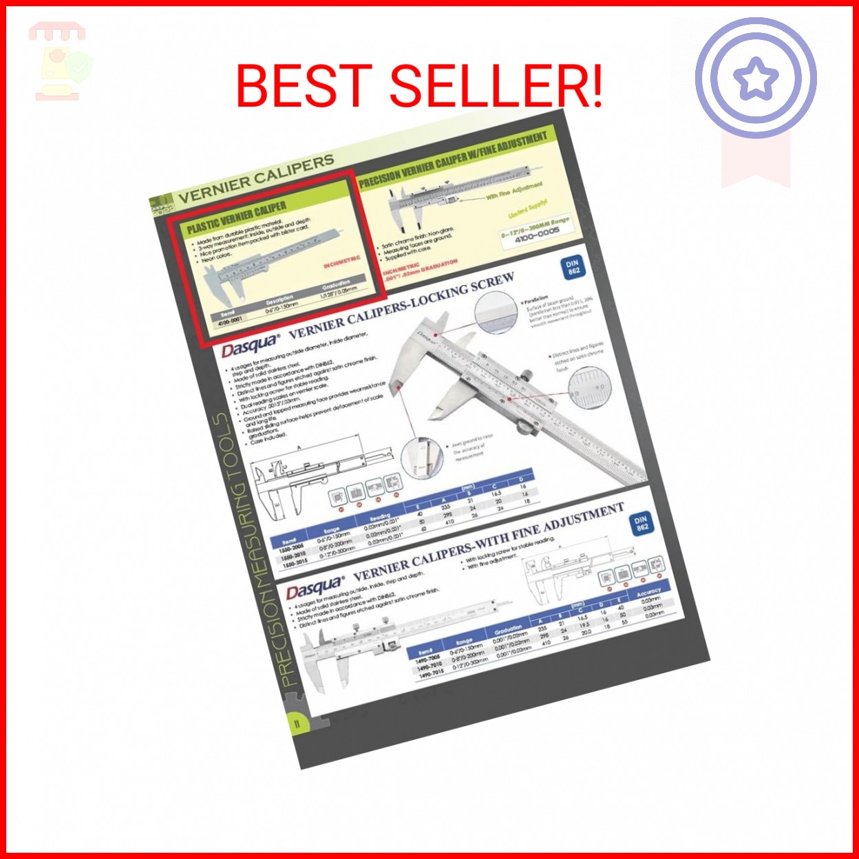 Plastic Vernier Caliper, Inch/Metric, 0-6/0-150 mm Range