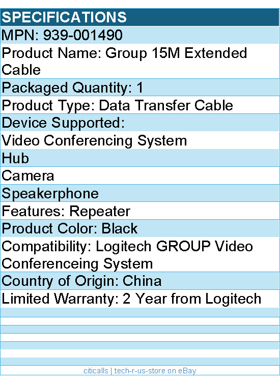 Logitech 939-001490 Group 15M Extender Cable - 49.21 ft - Black