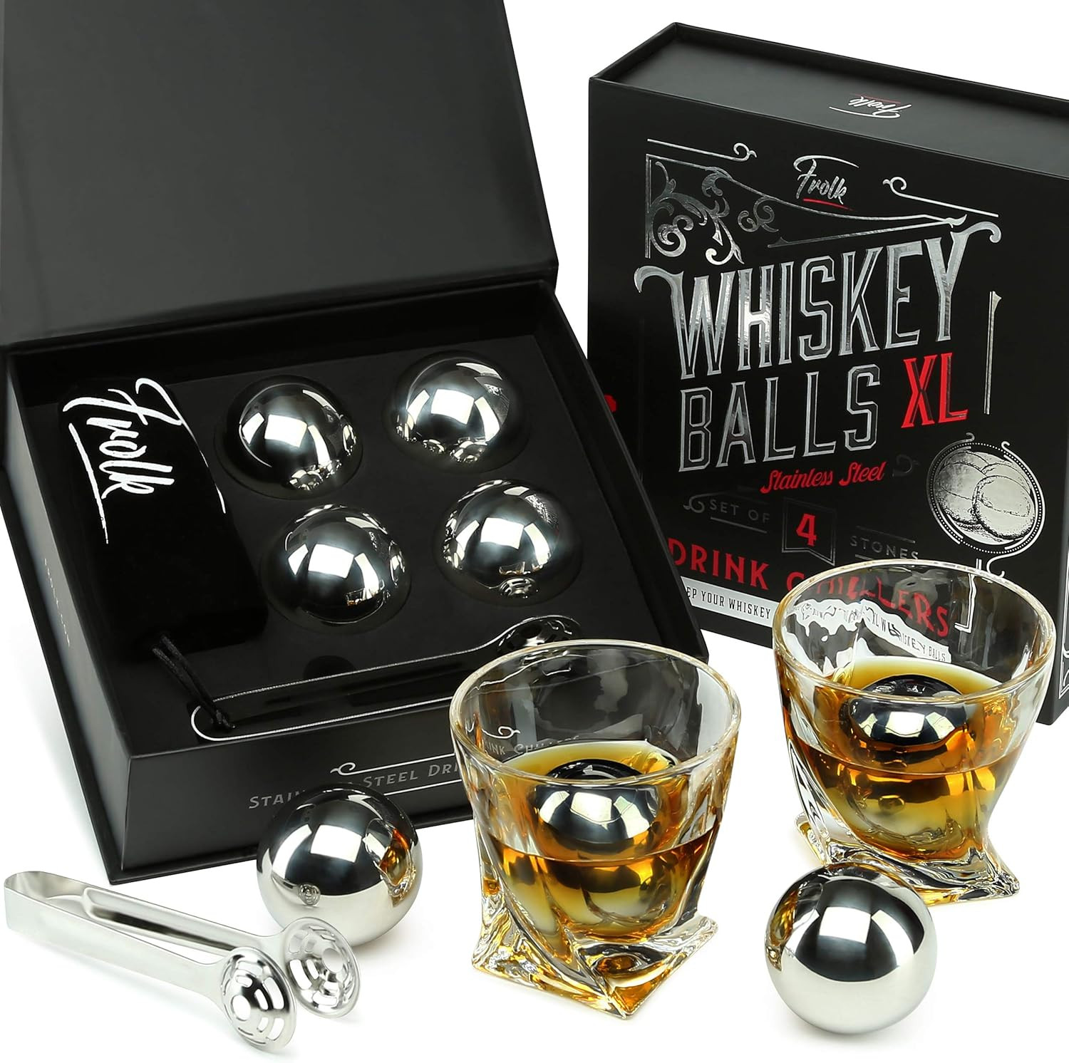 Gifts for Him - Men Dad Husband - 4 XL Stainless Steel Whisky Ice Balls, Special