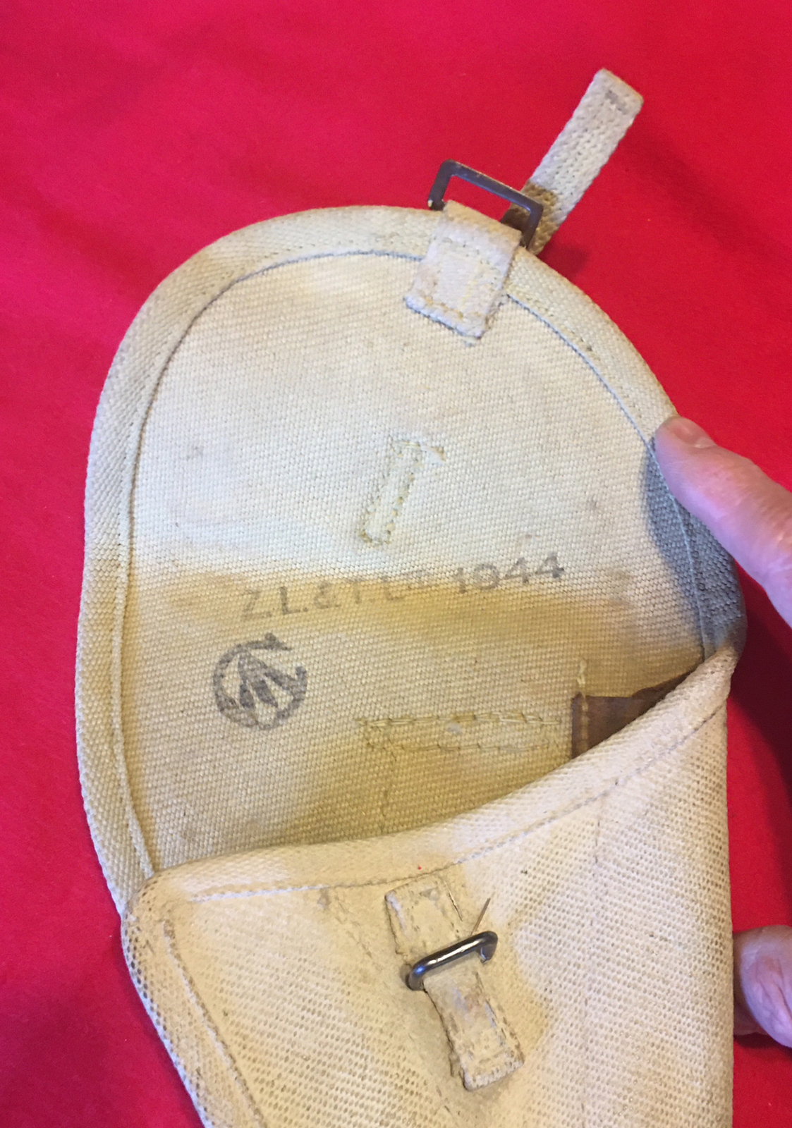WWII era, Canadian Browning hi power holster, whitened Canvas, 1944￼ Z.L.&T.Ltd.