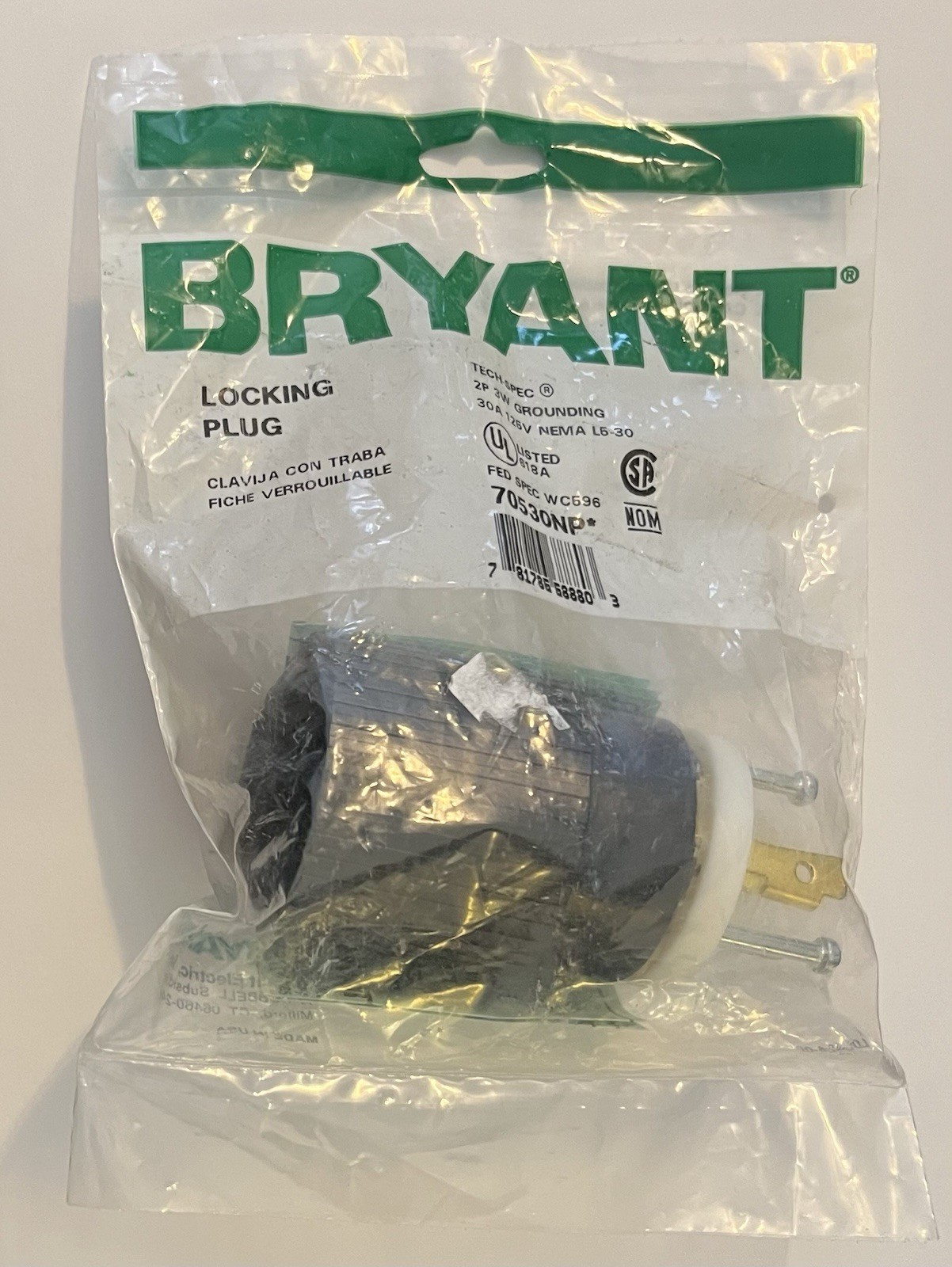 Bryant 70530NP 2 Pole 3 Wire Grounding 30A 125V Nema L5-30 Locking Plug