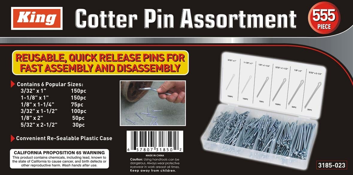 New KING 555pc Cotter Pin Assortment Kit Case Clip Key Fasten Fitting SML Size