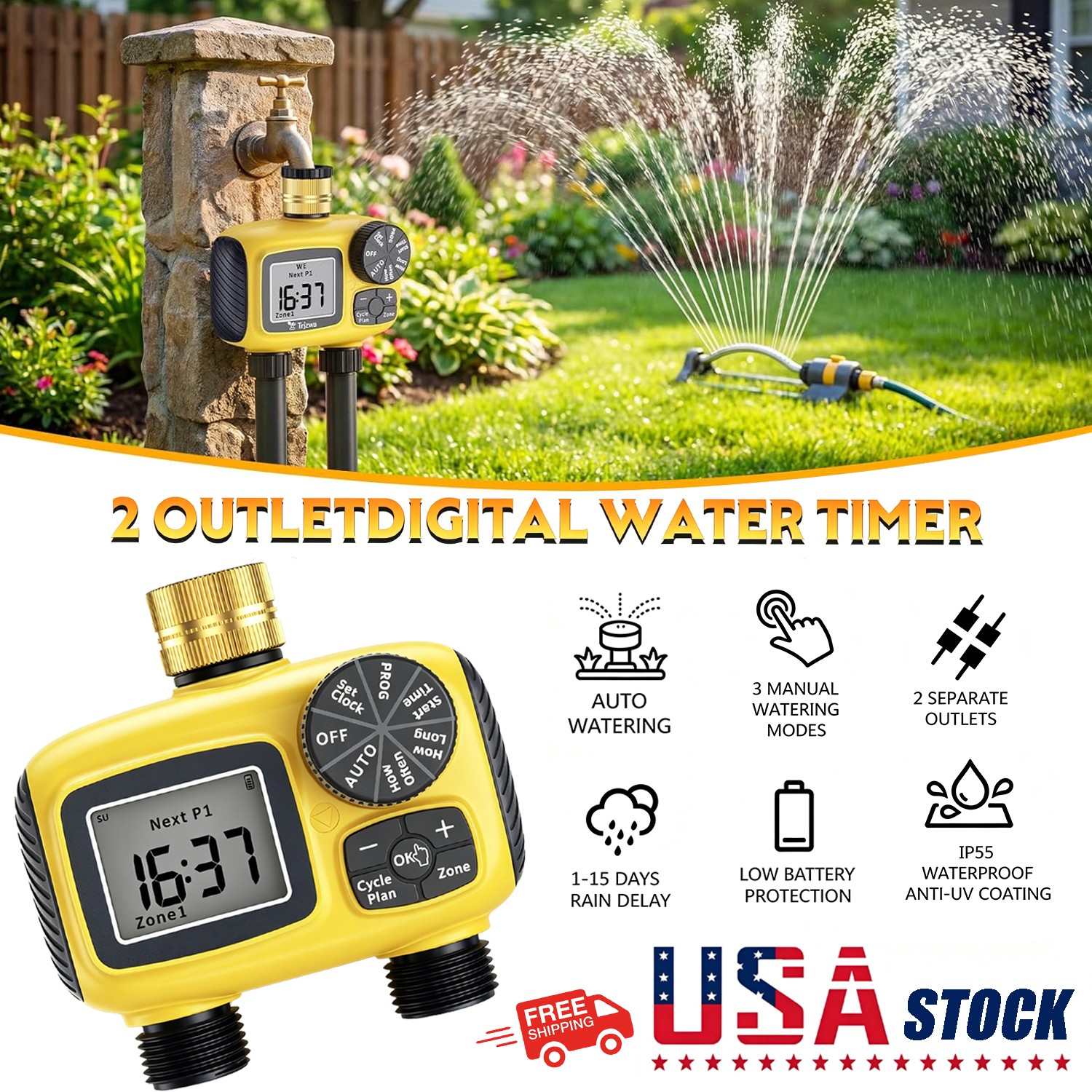 Hose Timer 2 Outlet,2 Zone Programmable Sprinkler Timer with Rain Delay&Manual,f