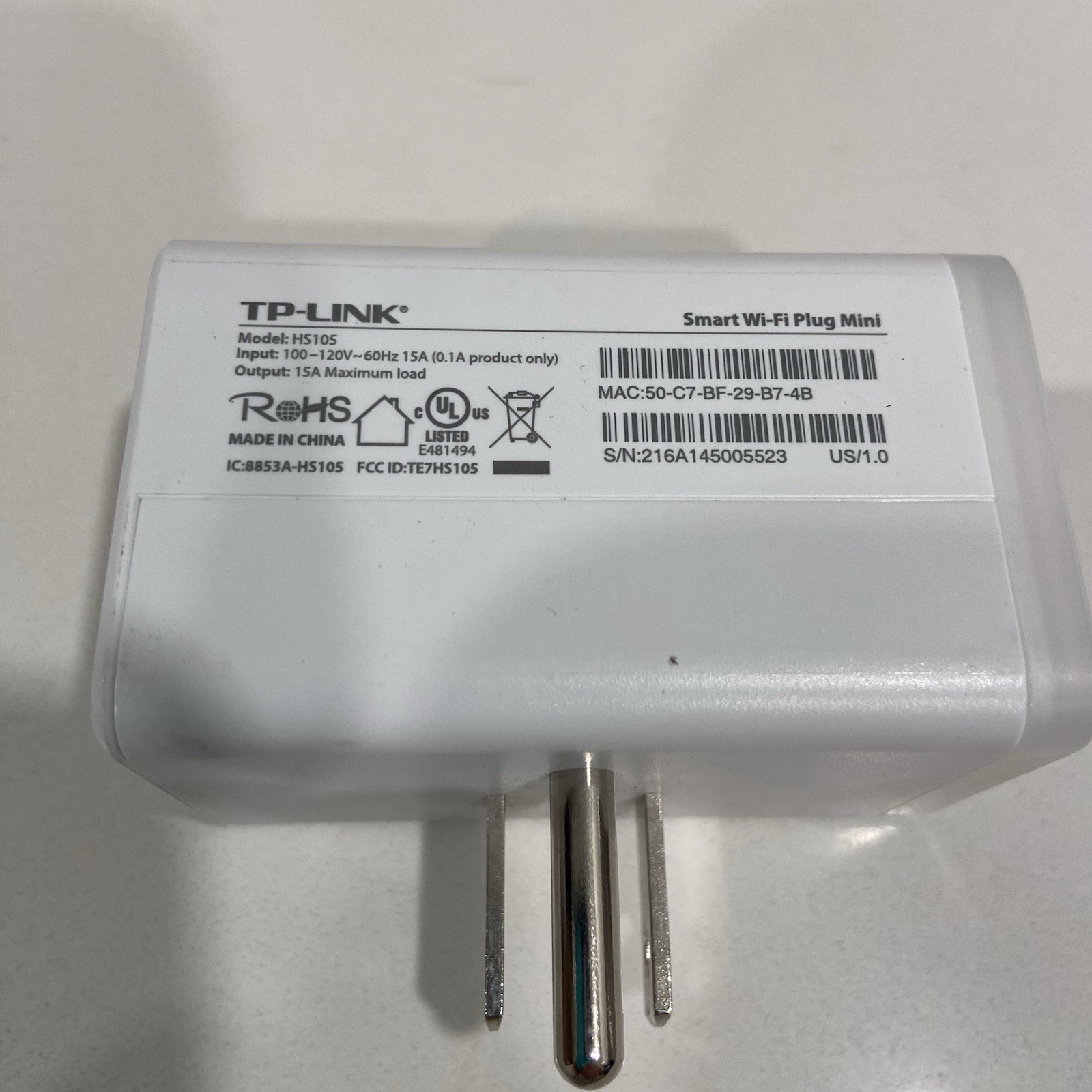 TP-Link Smart Wi-Fi Plug Mini White (HS105) - Turns On - Not Tested