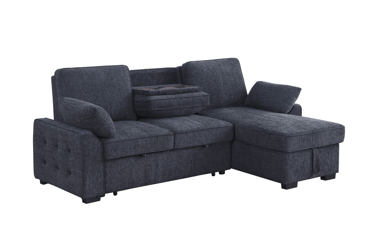 Mackenzie 91"W Charcoal Chenille Rev.Sleeper Sect. Storage+Cuphldrs+USB Ports