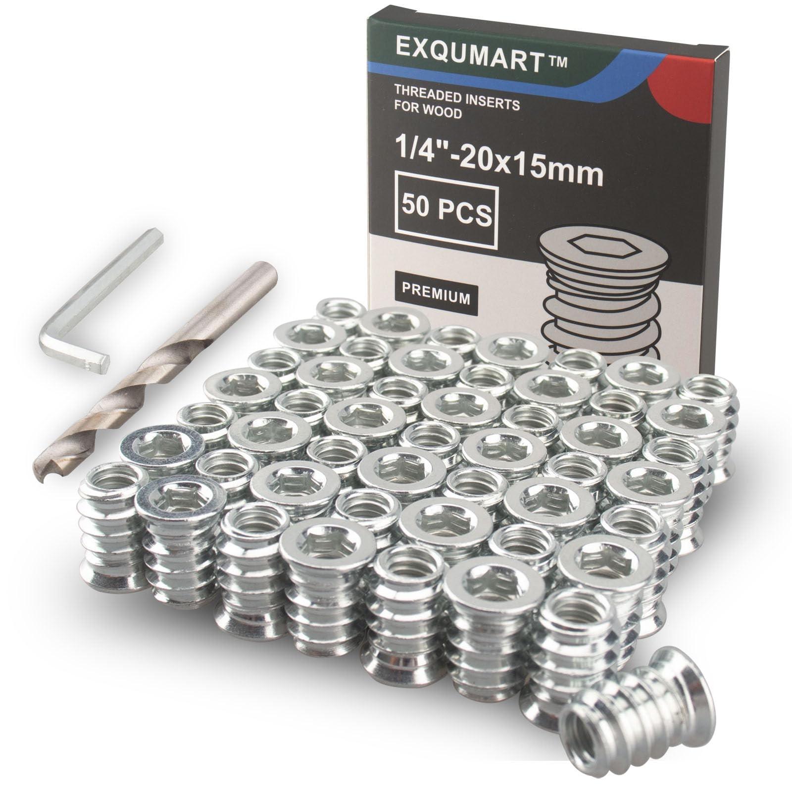 EXQUMART 50 Pcs Premium Threaded Inserts for Wood, 1/4-20 1/4-20x15mm, Silver
