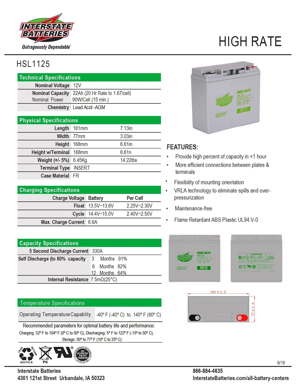 Interstate Battery - HSL1125 - 12 volt 22 amp - High Rate