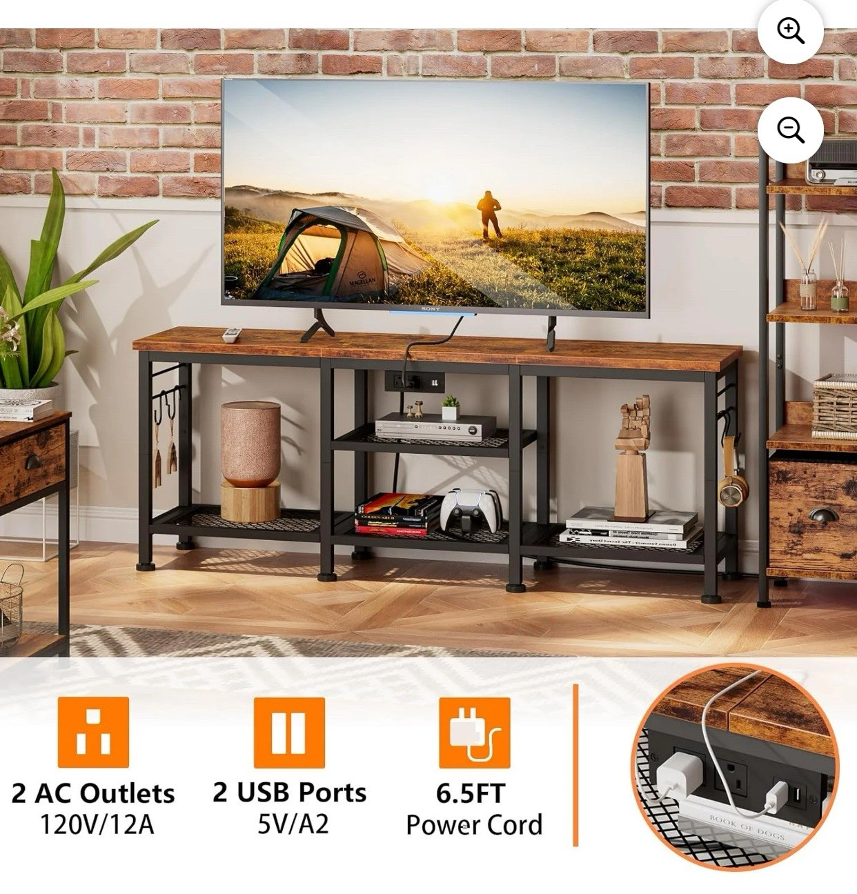 Rustic Brown Furologee TV Stand for 55" TVs with Shelves & Soundbar Space