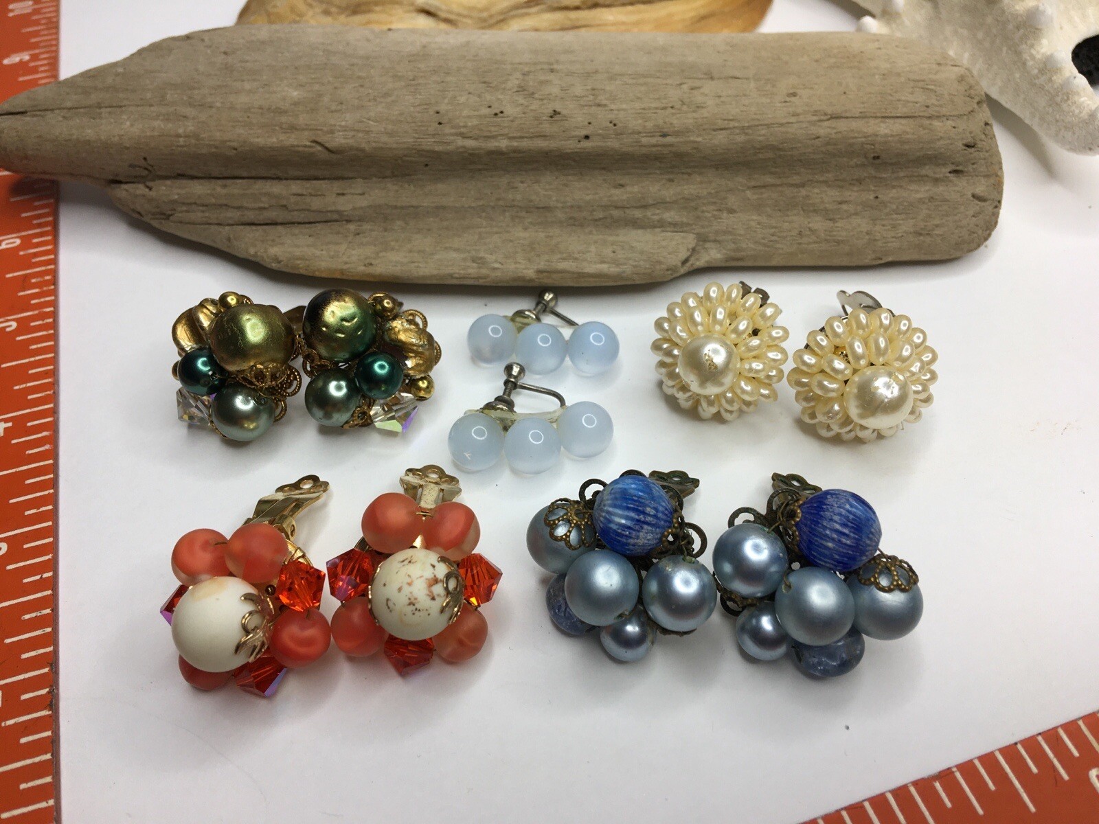 Vintage Beaded Cluster Clip On Earrings Lot 6 Pair Multi Color Earrings 🧡💛💚