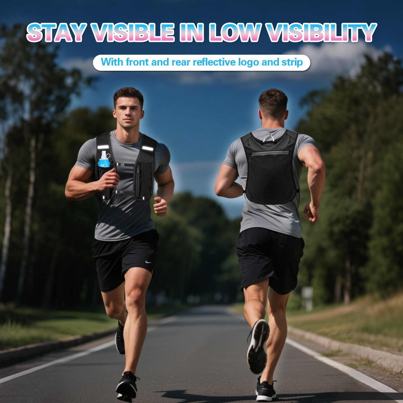 Running Hydration Vest Backpack 500ml Soft Flask Emergency Blanket Reflective