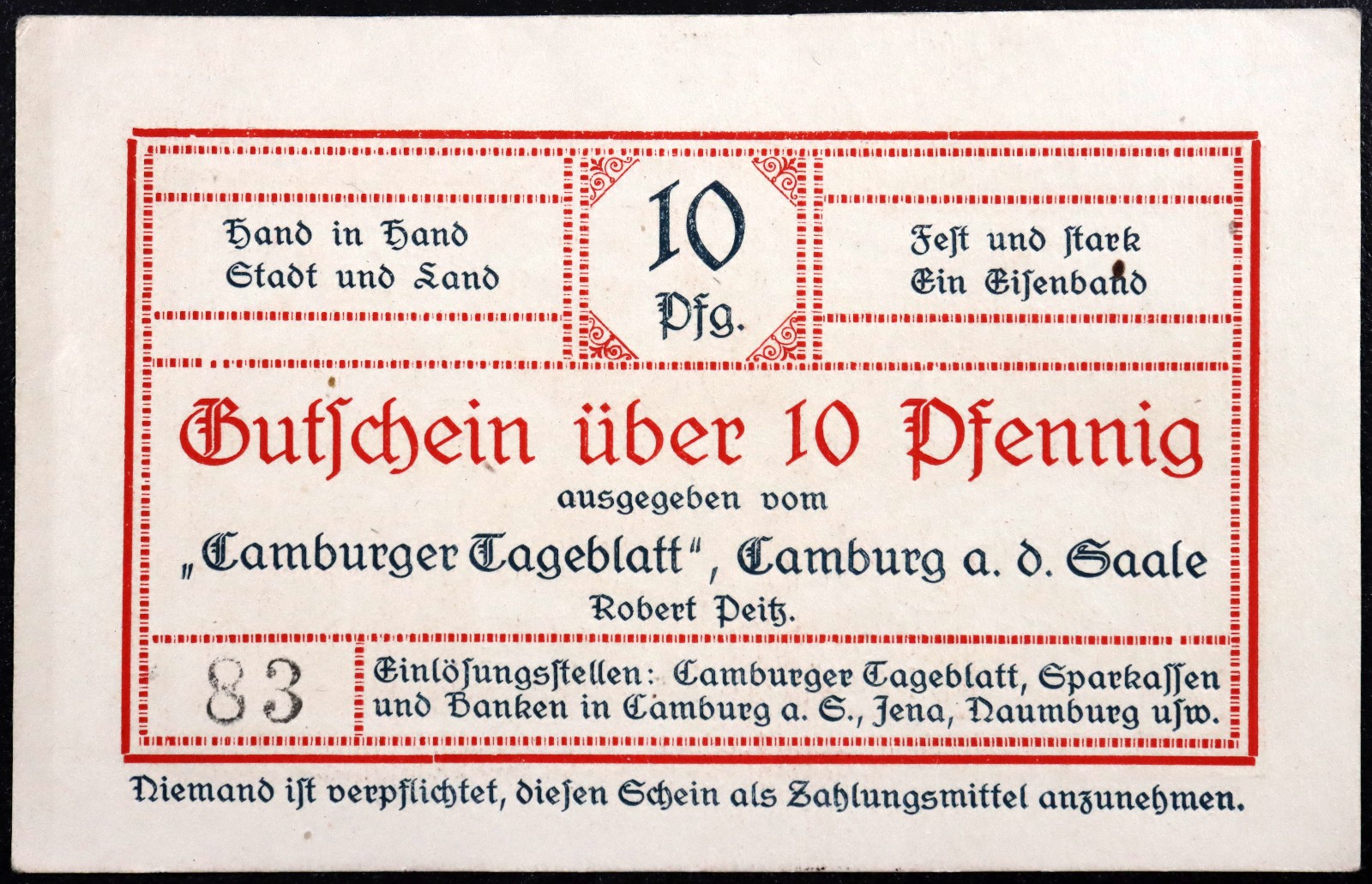 CAMBURG 1921 XX-RARE "Camburger Tageblatt" 10 Pfennig Complete German Notgeld