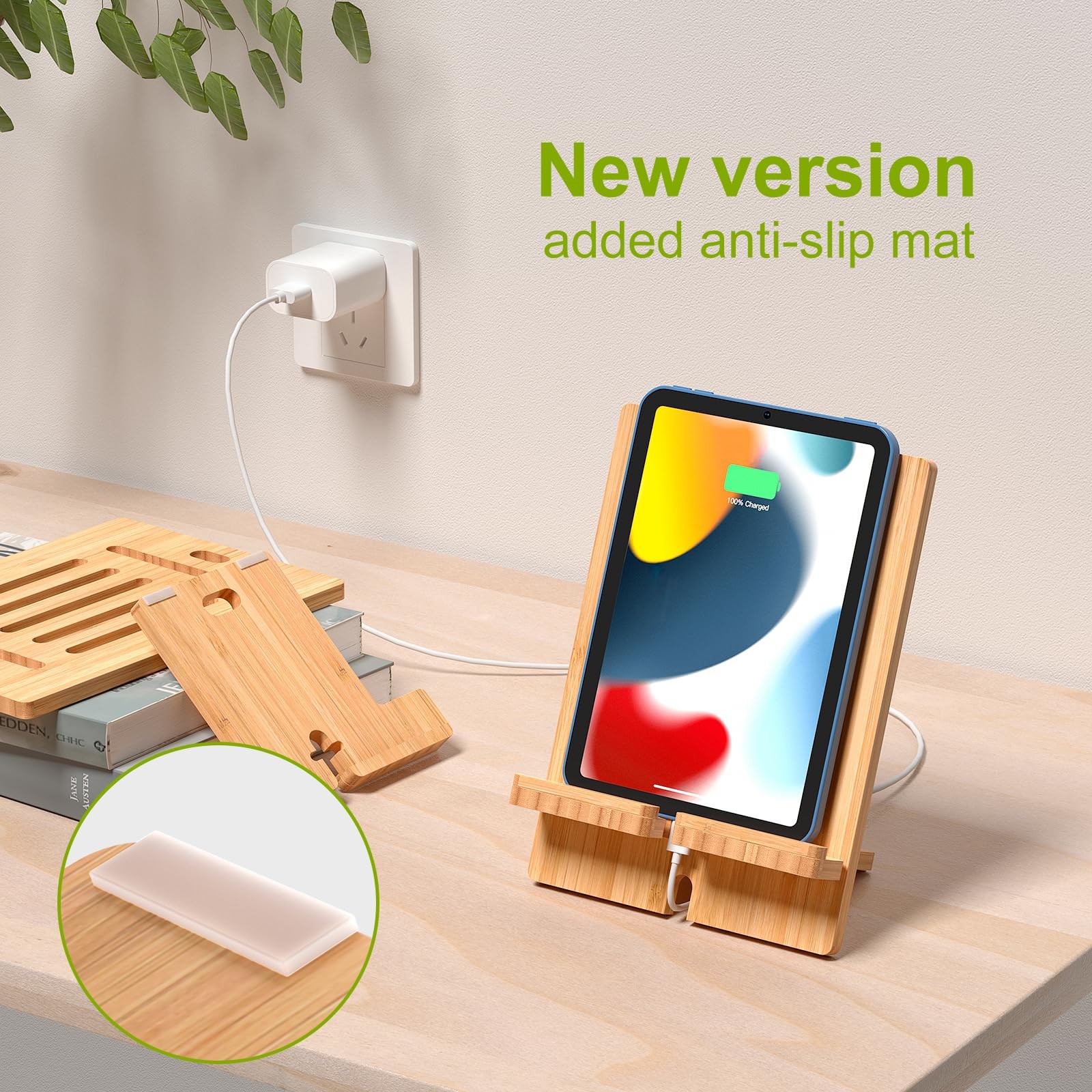 Bamboo Tablet Stand Adjustable, Desktop Cell Phone Stand Holder Dock Compatib...