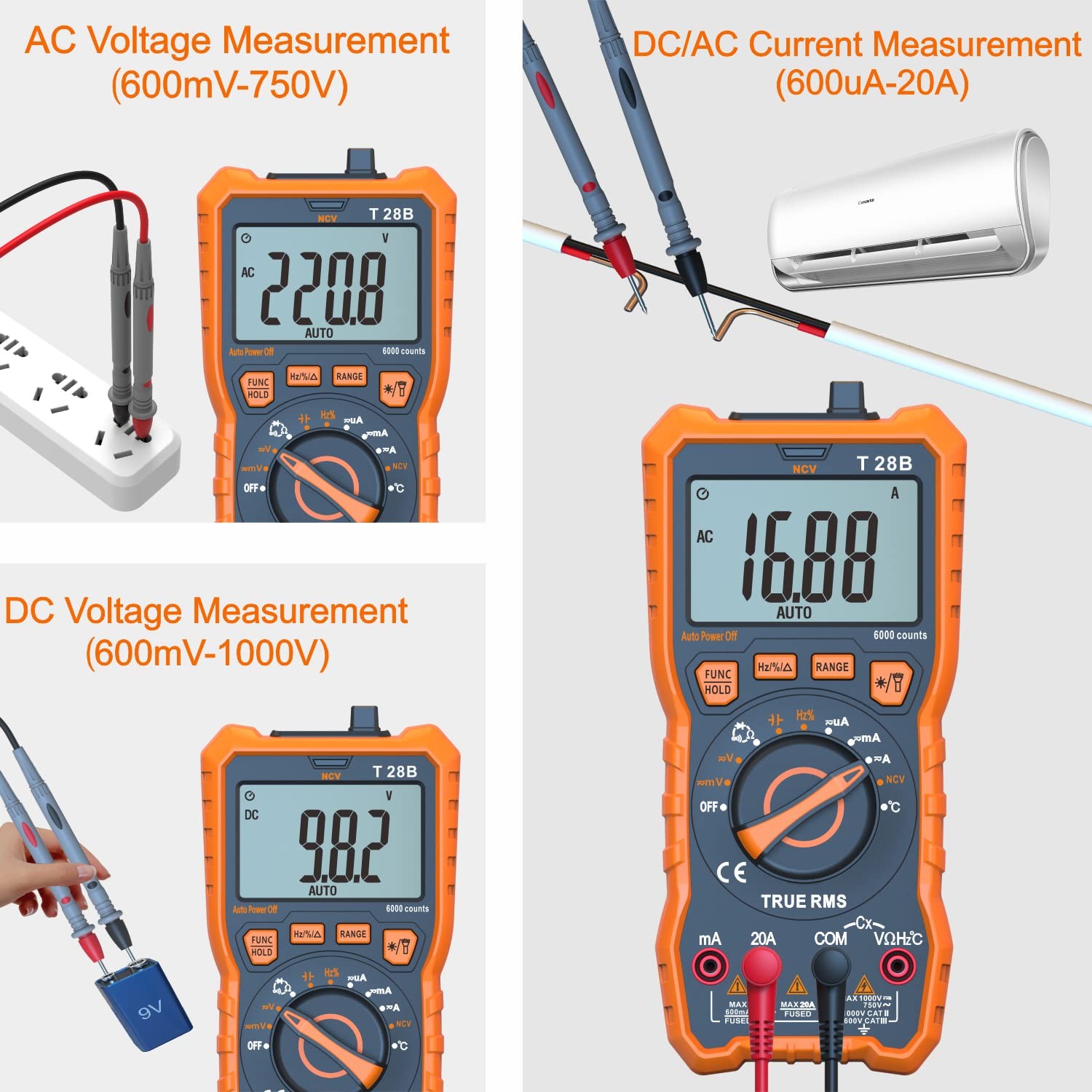 True RMS Digital Multimeter Tester Auto-Ranging AC DC 20A Voltmeter 1000V