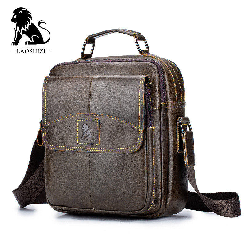 LAOSHIZI Leather Crossbody Shoulder Men Messenger Travel Chest Sling Hiking Bag