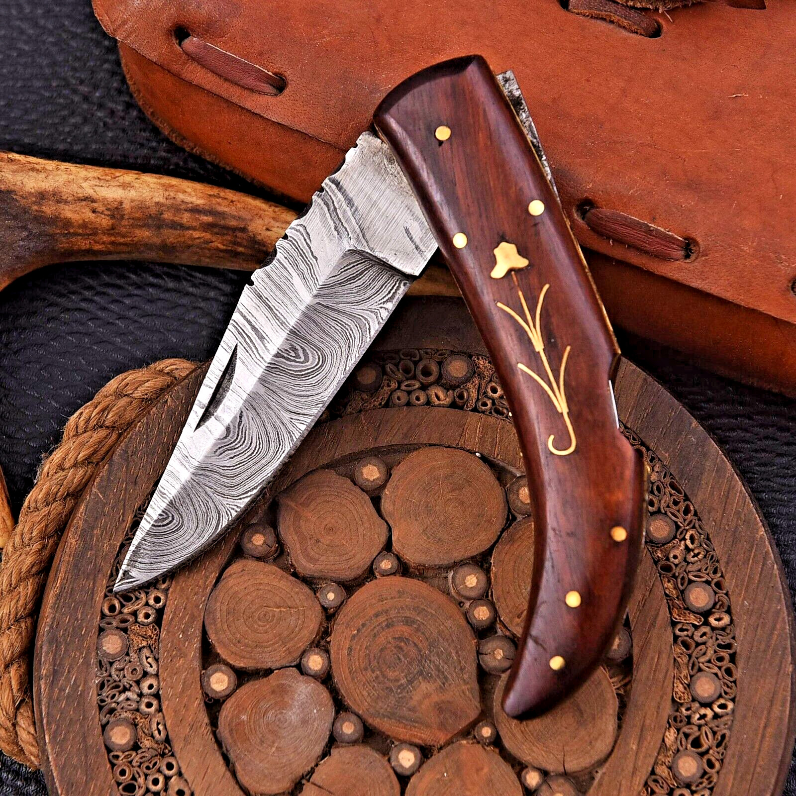 Custom HandMade Forged Damascus Steel Folding Pocket Knife Leather Sheath 2721