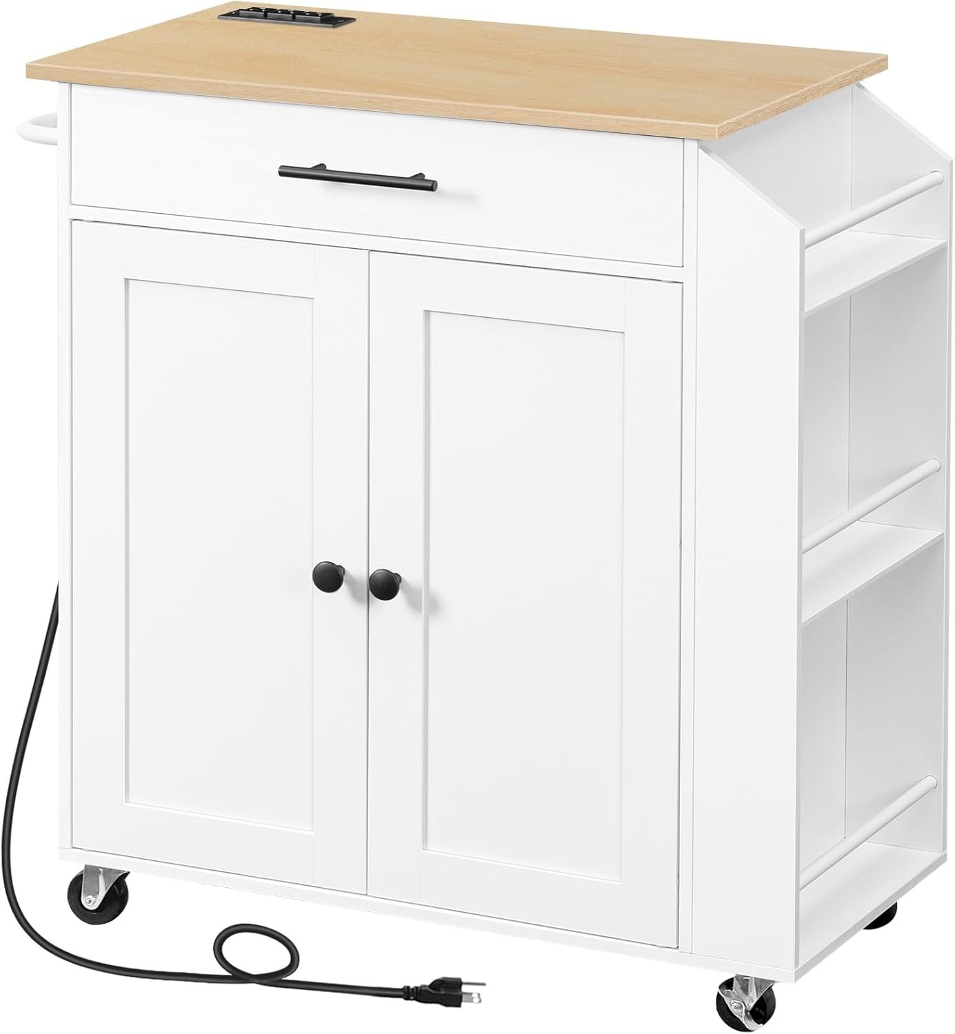 Kitchen Island with Power Outlet Storage Cart Rolling Spice Rack Modern White