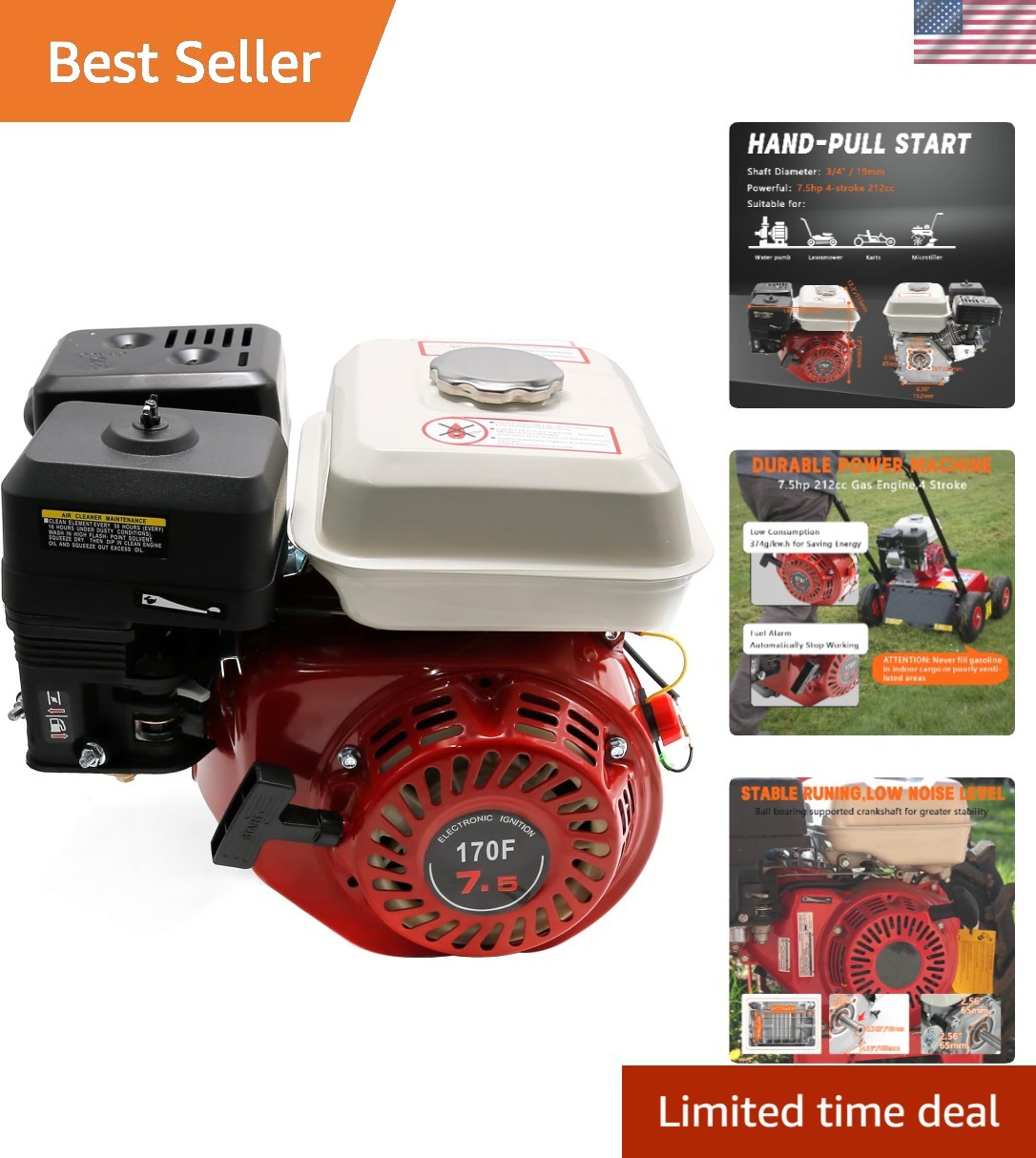 Powerful 212cc Horizontal Shaft Gas Engine - Ideal for Compressors & Pumps