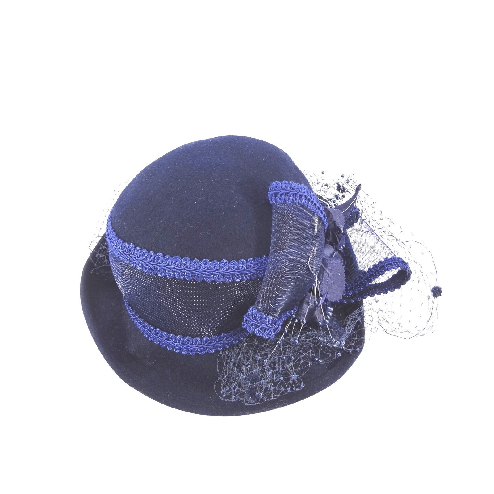 Navy Blue Pillbox Hat Vintage Style Church Wedding Fascinator Floral Mesh Veil