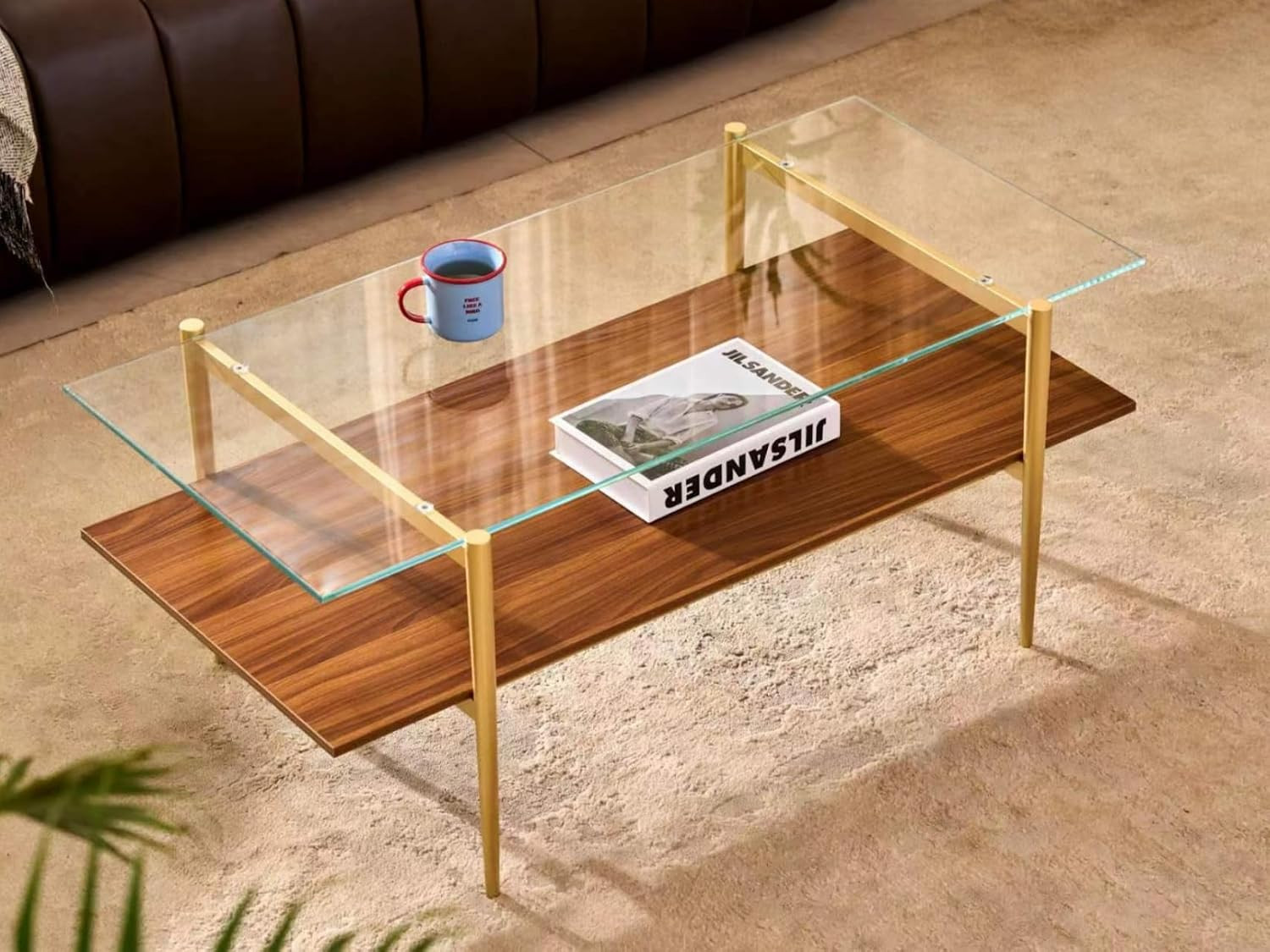 Rectangle Coffee Table, Mid-Century Modern Design, 2-Tier Structure, Clear Glass