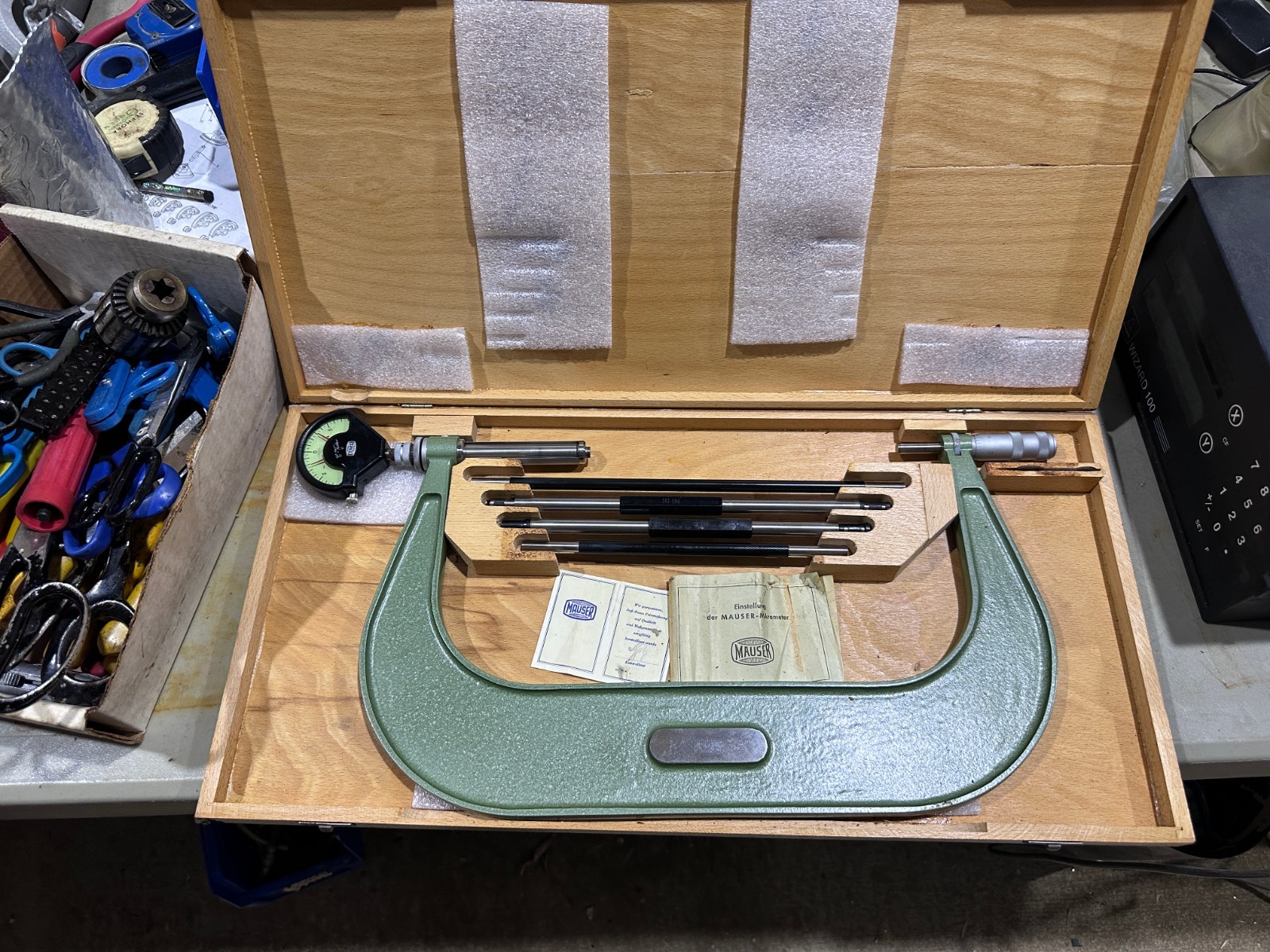 Mauser 8" - 12" Outside Micrometer w/Stds, Precision Dial Indicator & Case