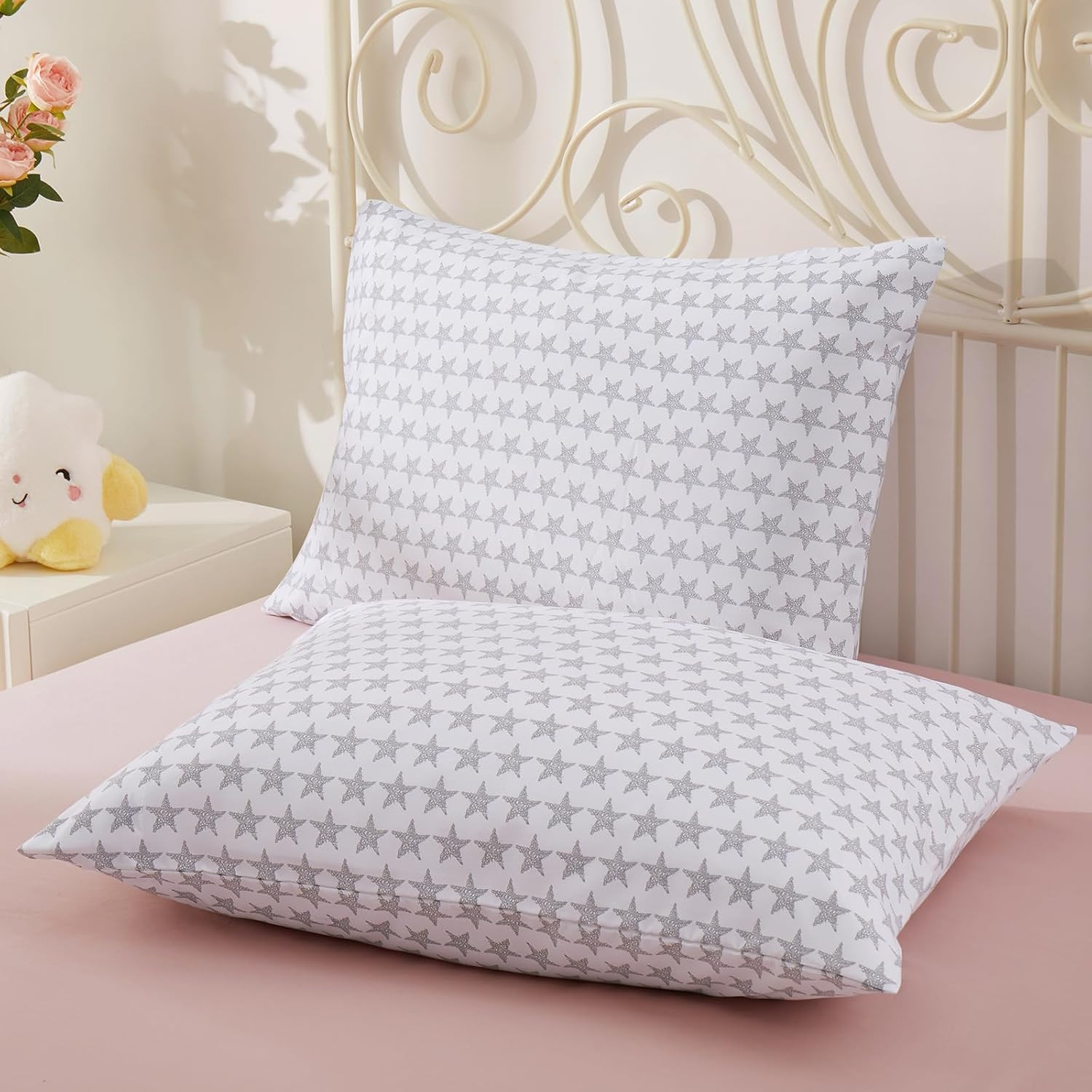 Kids Pillowcase White Stars Printed Standard Pillow Cases, Microfiber Kids Pillo