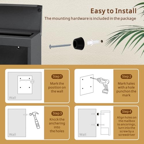 Lockable Wall Mount Mailbox with 2 Keys - Extra Large Capacity Gray
