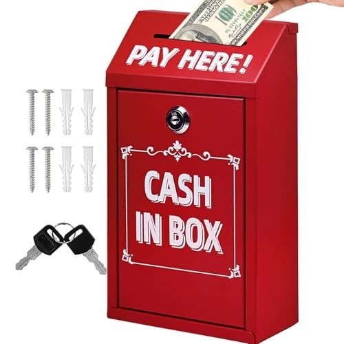 Metal Cash Drop Box Lock Wall Mount 10x5.7x3-In Red Donation Key Slot Outdoor