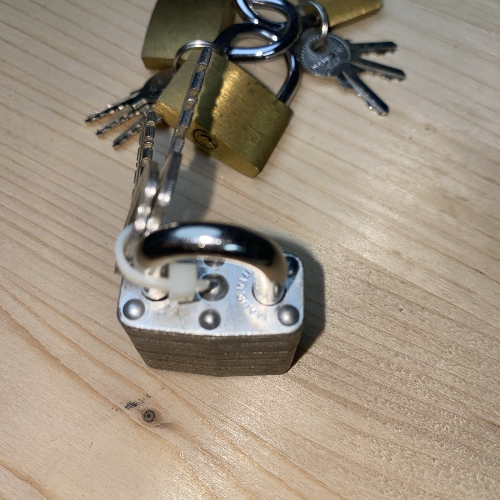 MasterLock (2” tall) & 3 small locks w keys. Travel. Suitcase? Silver Padlocks