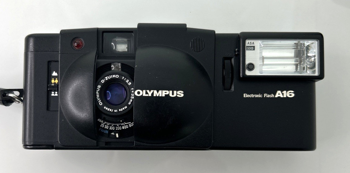 Olympus XA2 + A16 Flash Black Point & Shoot Camera, Case, Strap, IB - Working
