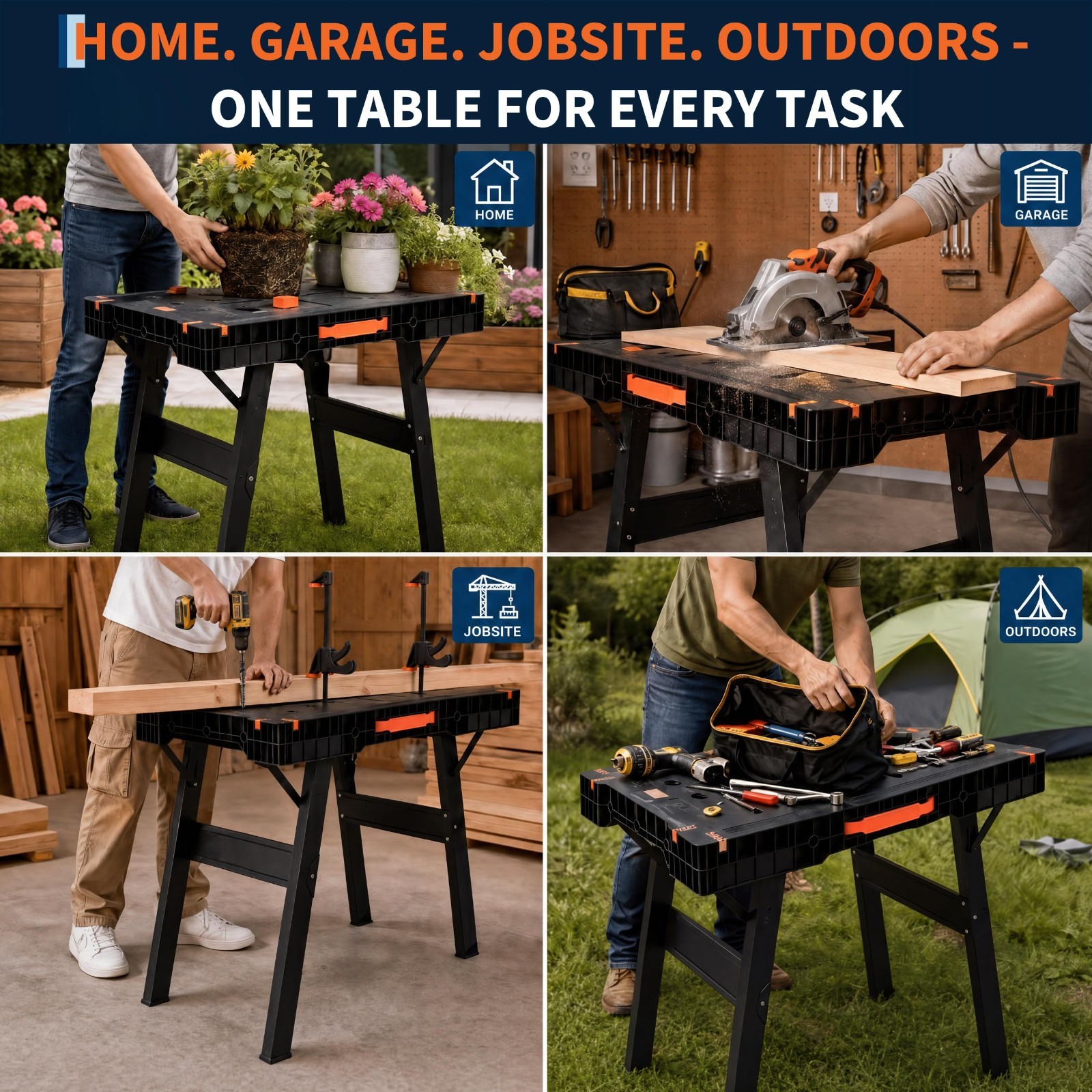 2-in-1 Folding Work Table & Sawhorse, Portable Workbench with 300 Lbs Load Capac
