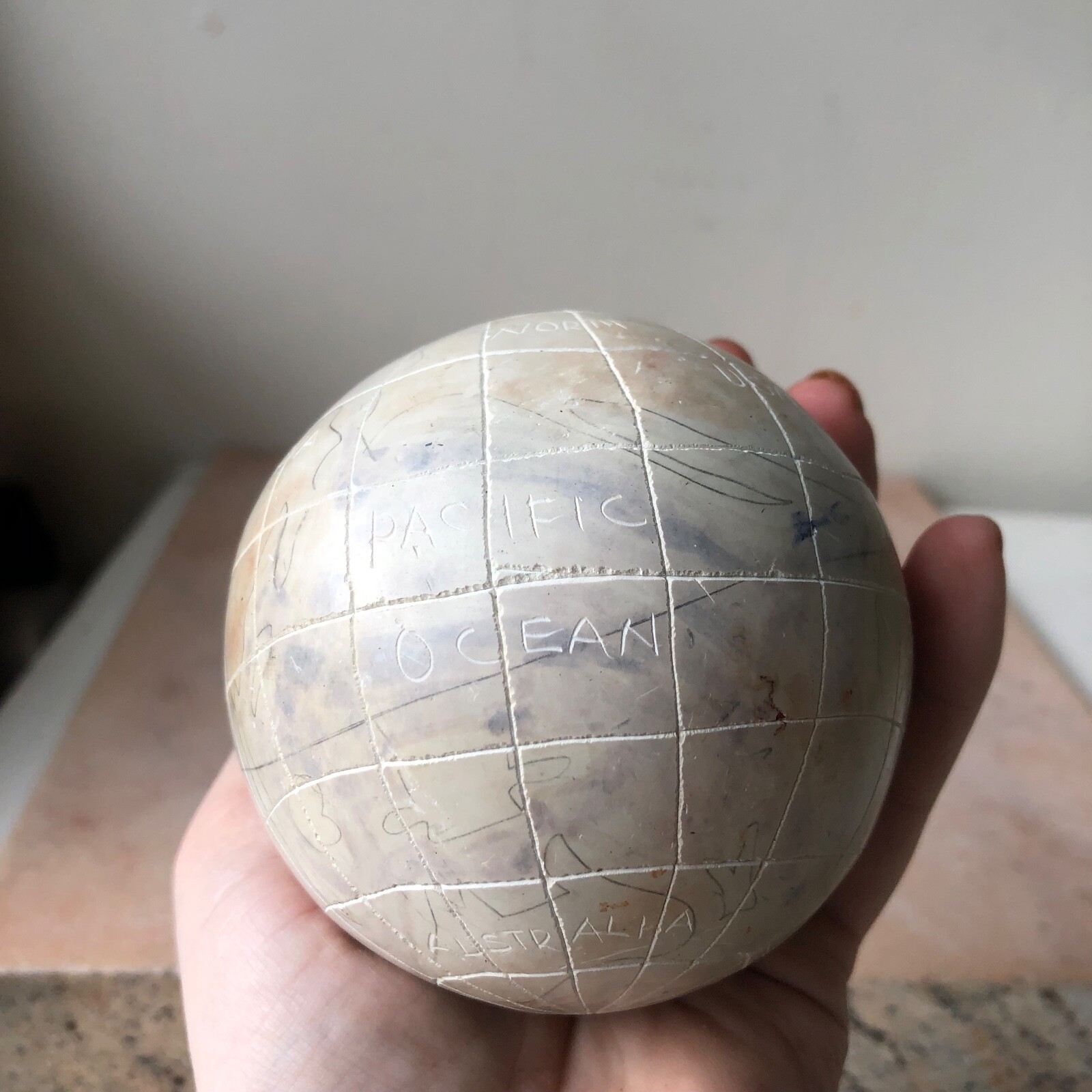 Unique Vintage Carved and Handpainted Stone Globe / World Map