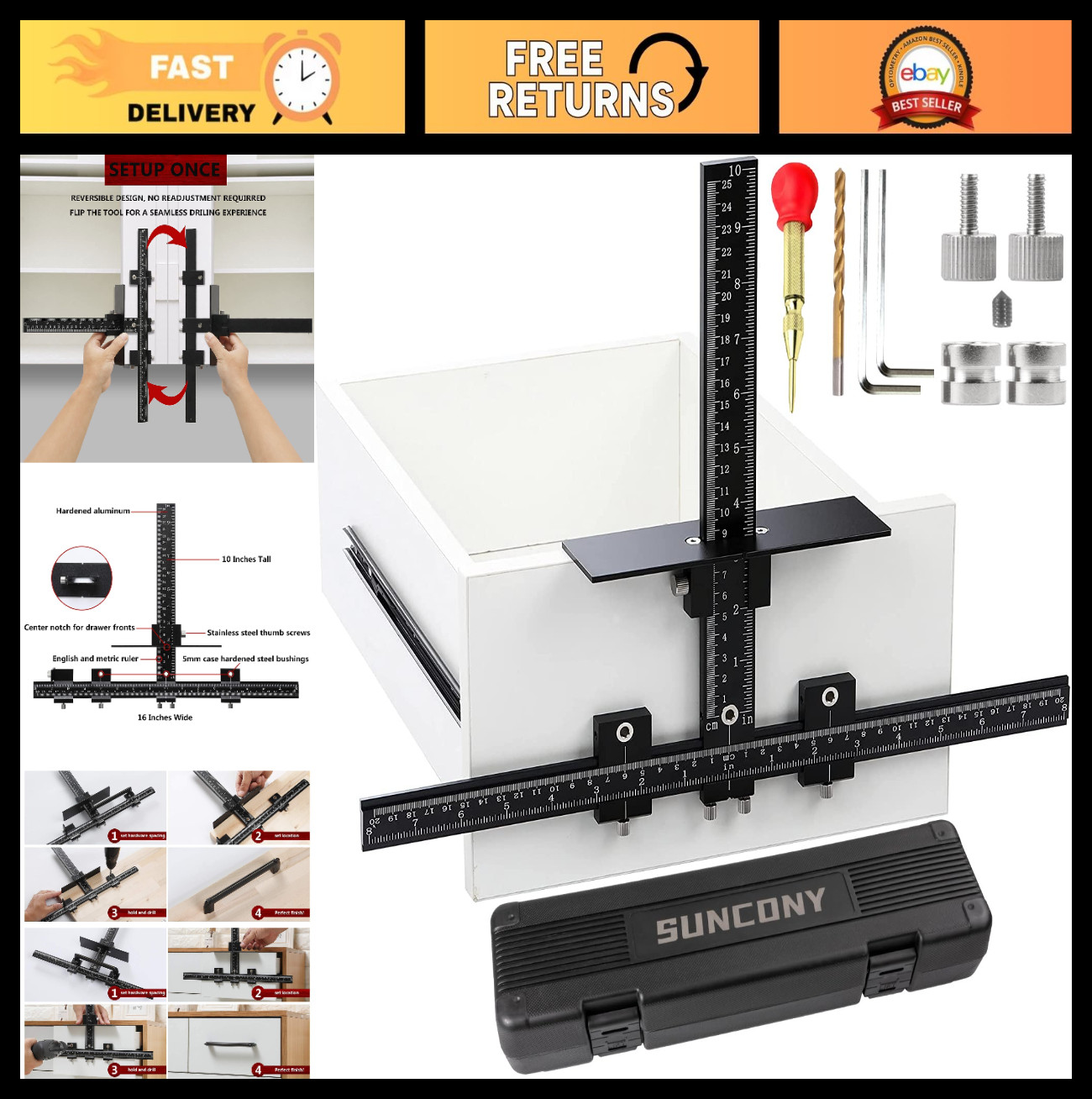 Adjustable Cabinet Hardware Jig Tool - Aluminum Drill Guide for Knobs & Pulls