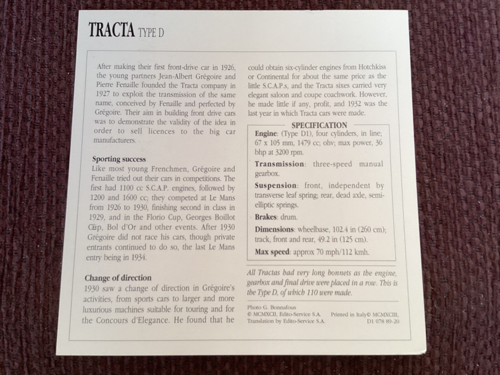Tracta Type D, 1930-32, Luxury Car, France, Collectors Card