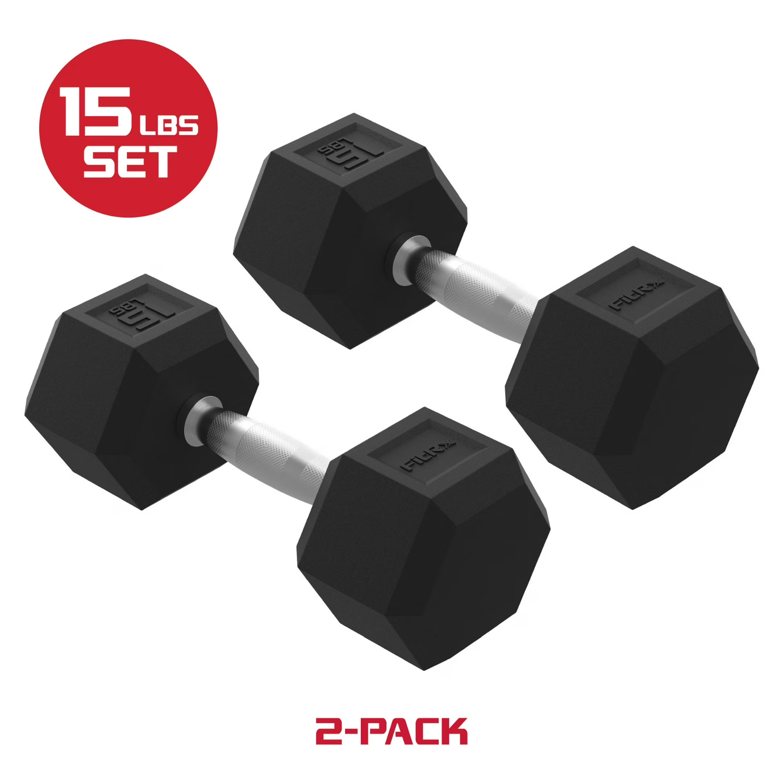 2 Pack FitRx 15lbs Rubber Hex Dumbbell Set – Solid Steel Handles, Durable, Pair