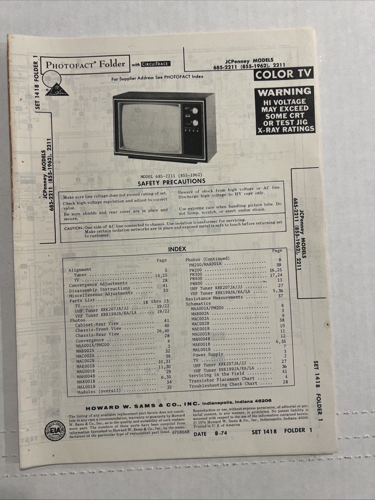 Vintage Sam’s Photofact Schematic 8-1974 JCPenny MODELS 685-2211 (855-1962),