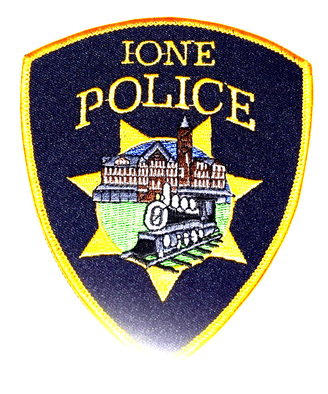 IONE CALIFORNIA CA Police Patch COURTHOUSE RR RAILROAD TRAIN STEAM ENGINE J2