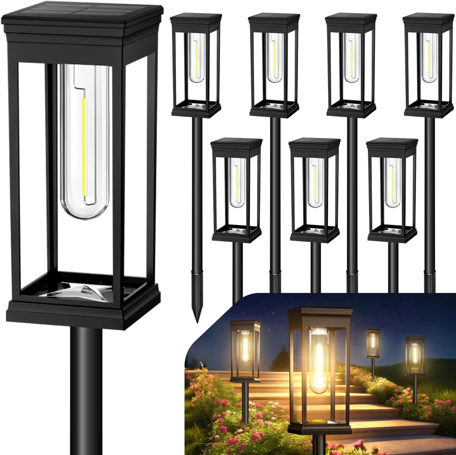 Upgraded Square Solar Pathway Lights Outdoor 8 Pack, IP65 Waterproof, Solar Ligh
