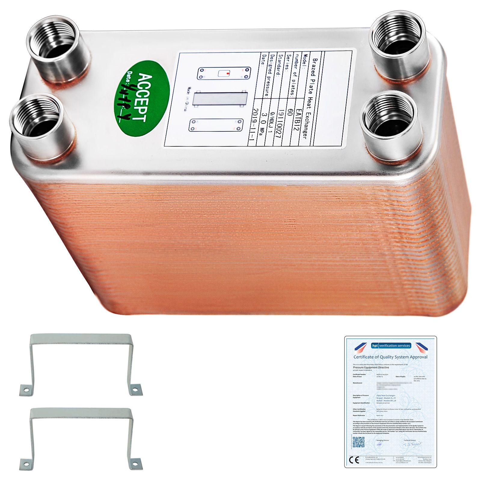 60 Plate Brazed Heat Exchanger 3x7.5 Inch 316L 1/ 2 BSP for Hydronic Heating