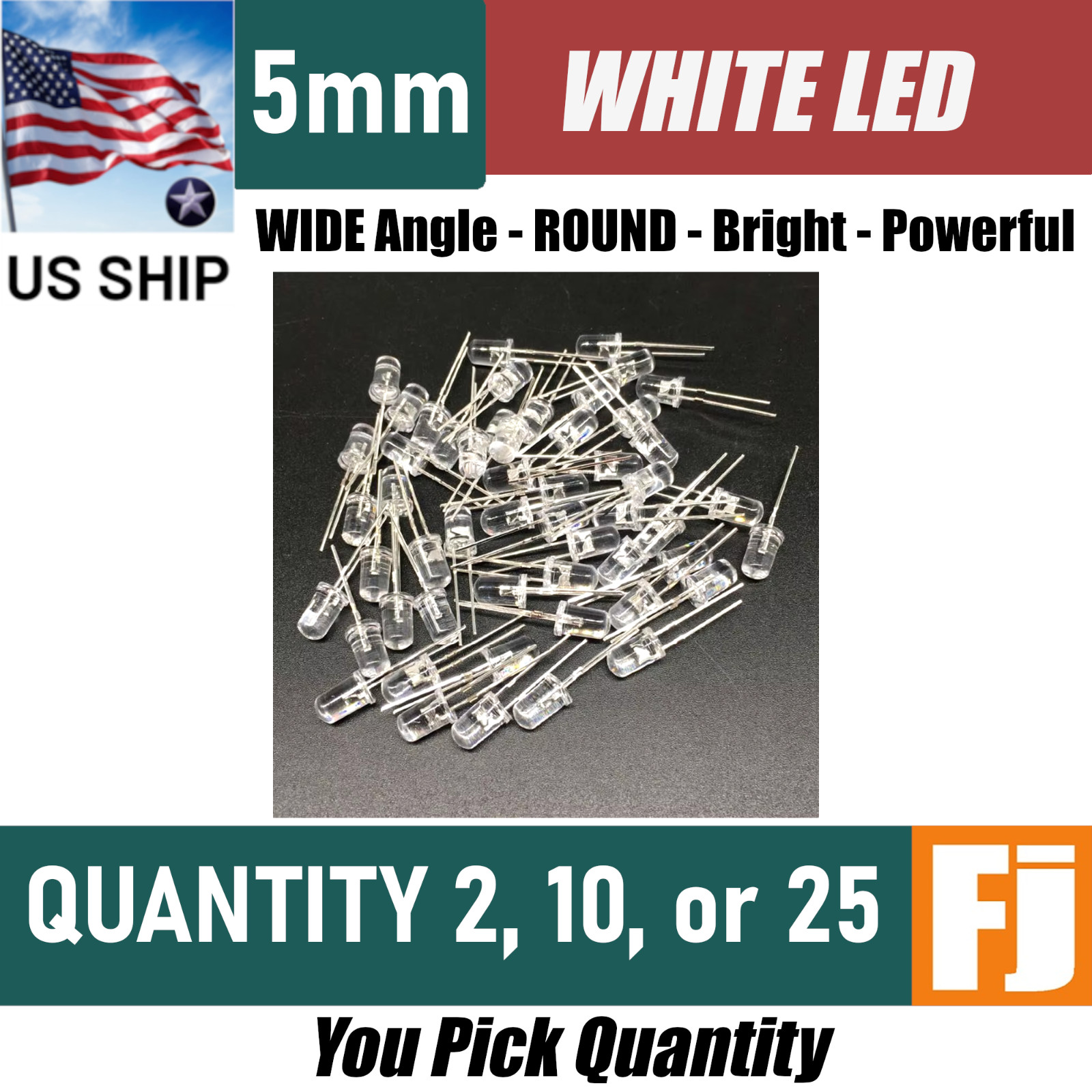 White LED 5mm Round Wide Angle Diffused LED Diode Bright | Qty 2,10,25 | US Ship